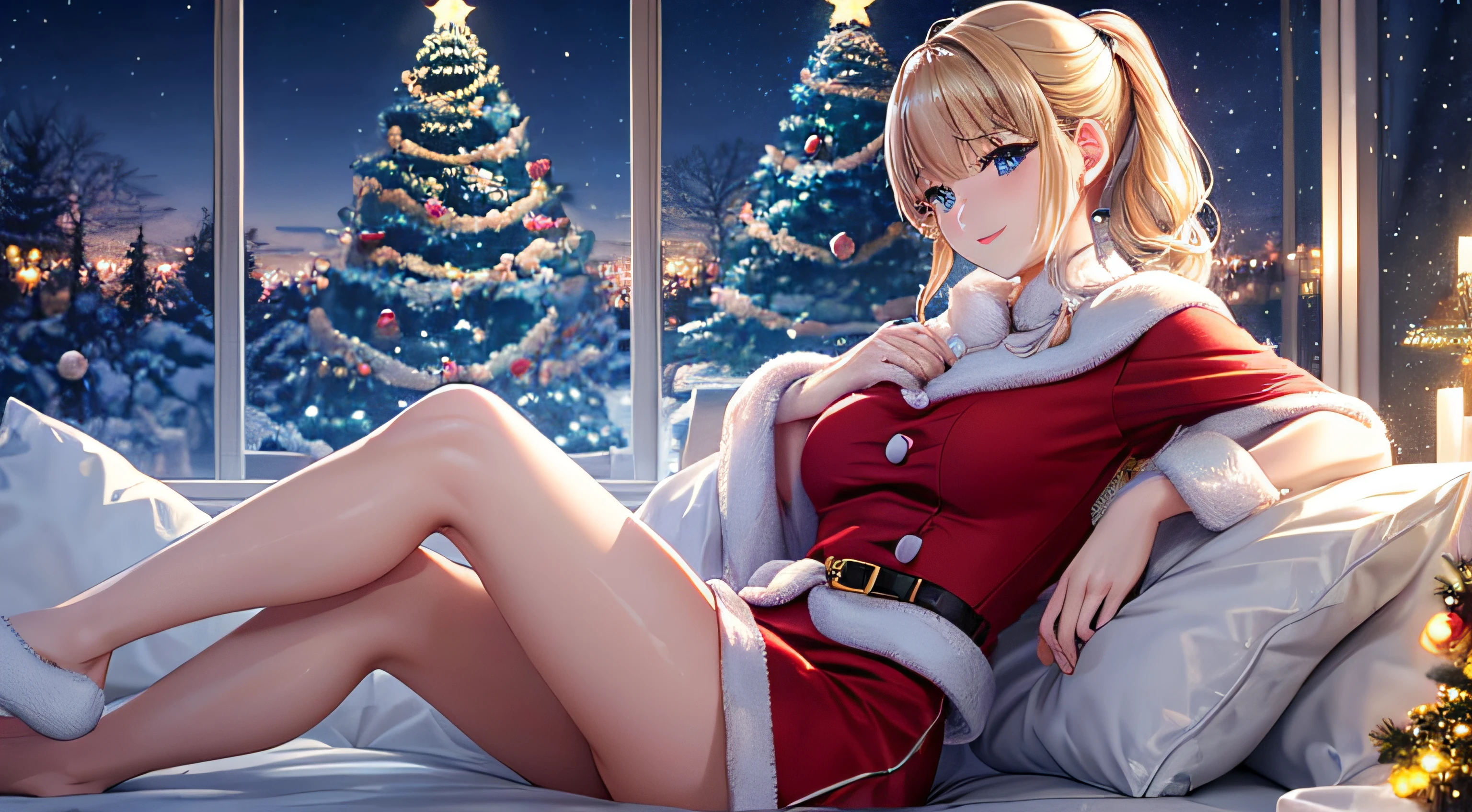 (top-quality,High resolution,(Ultra high definition,4K), (超A high resolution,in 8K),masutepiece:1.2), (Perfect Anatomy,Anatomically accurate), (Photorealistic), (Angle from below), (Soft lighting, 光线追踪), (((Sitting on a sofa in the lobby of a luxury hotel, Stretch your legs up and show your butt)), (1 Cute High School Girl), High-definition beauty face, (santa claus), Cute panties, ((Cosplay costumes)), (Crisp double eyelids), (fascinated expression), (Large breasts:1.3),(Soft skin), (Glowing skin)