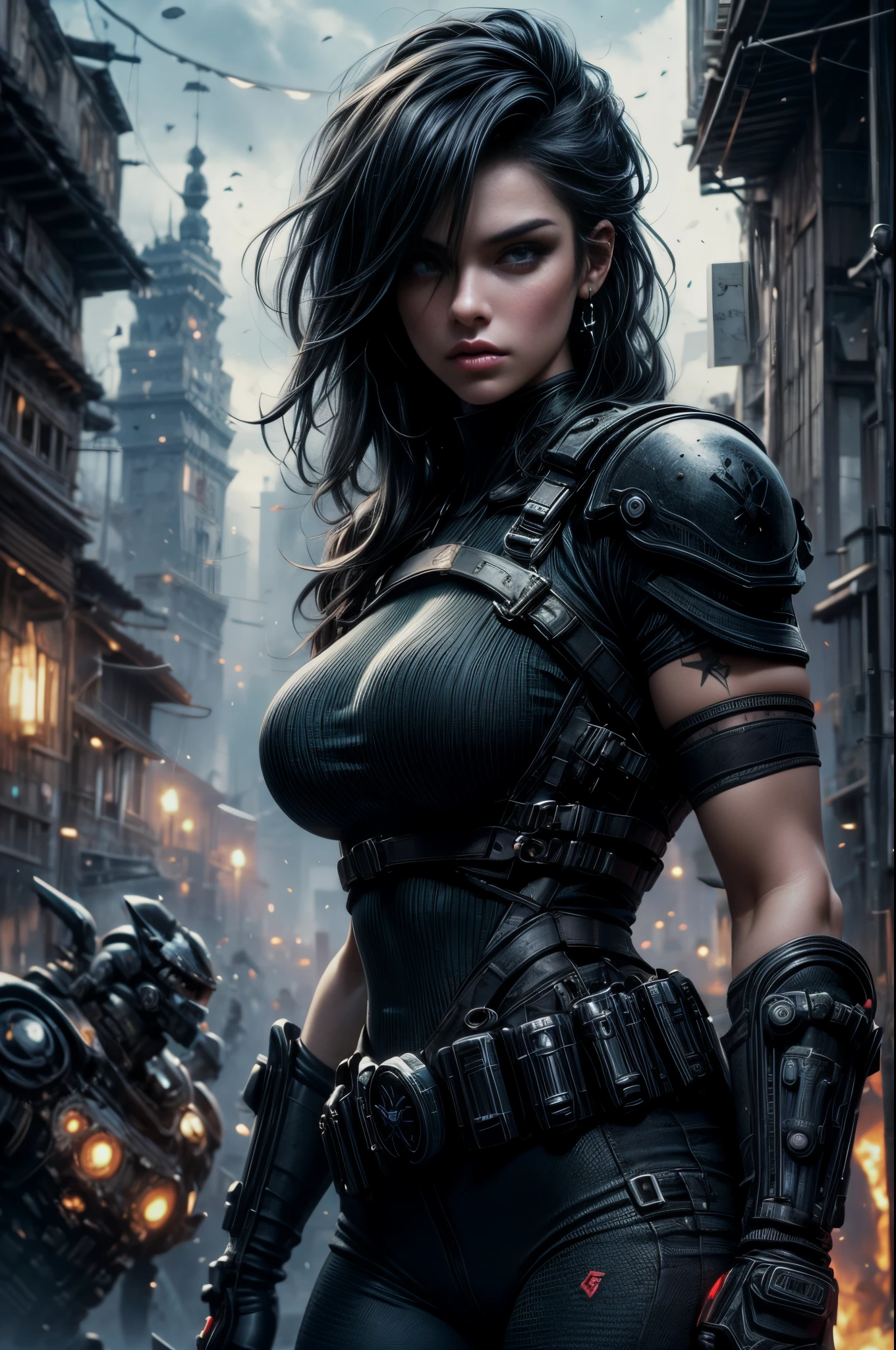 la exuberante guerrera alicia varela de gears of war, ojos verdes, labios carnosos, bellisima, con su uniforme de combate sexy con minifalda, piernas musculadas, se encuentra en lucha en una ciudad con inmensos edificios semiderruidos, todo lleno de imagin...
