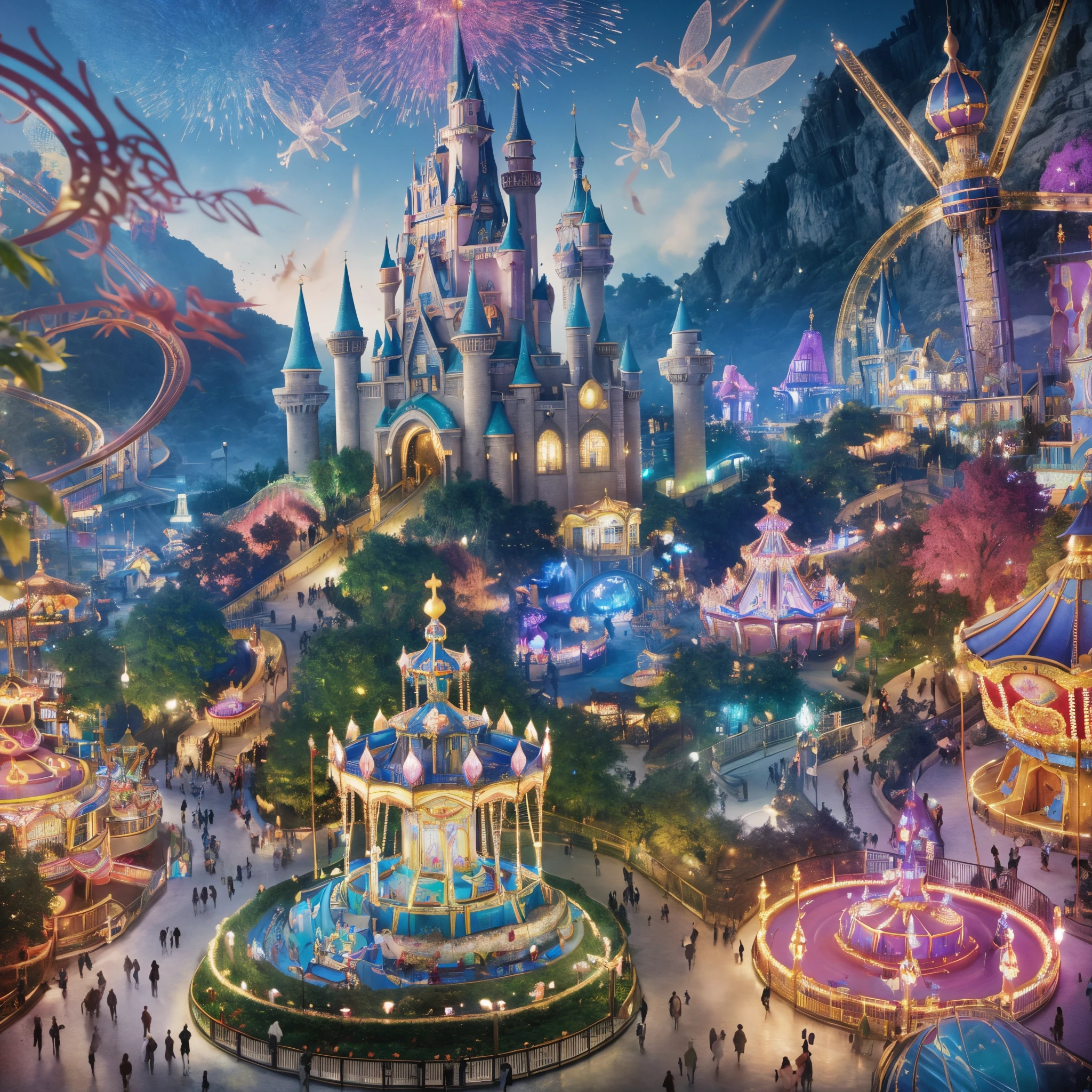 Alafas Wonderland,Features fountain and carousel, Bustling magic town, beautiful render of a fairytale, medeival fantasy town, 8K highly detailed digital art, magical colors and atmosphere, concept art magical highlight, magical concept art, Fantasy style 8k octane rendering, Magic fantasy is very detailed, paradise paradise, magical colors and atmosphere, A theme park where fairy tales and magic coexist, An amusement park, roller coasters, carousel horses, bumper cars, Ferris wheel, waterpark, The content is very detailed, 超高分辨率, 8k ultra high definition