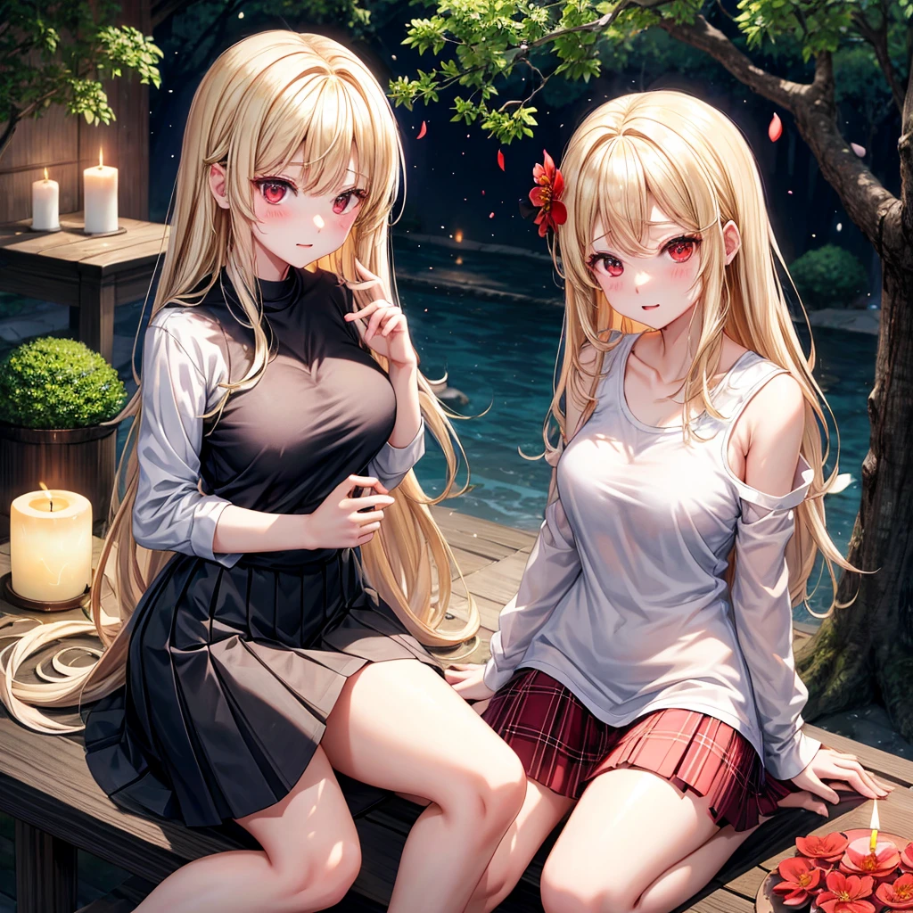 a blond、red eyes、one good looking girl、animesque、lightly dressed、Plaid miniskirt、flower petals、bare-legged、wetting hair、Black T-shirt、sitting on、fullmoon、large tree、large tree、large tree、wakame、candle fire