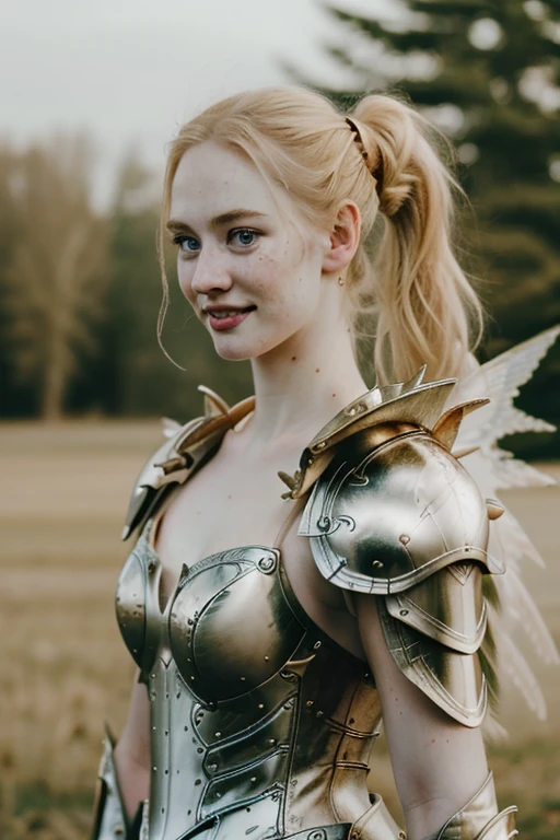 Ultra realistic photography of dbwl woman with many huge beauty marks on her natural pale white skin  ,    (medium shot:1.4) , (full body portrait:.2),
 (SFW),  (((wings, fractal armor))) , dressed, upper arms,   ((in frame)),

 ((fighting stance)),  natural (  pale light blonde eyelashes) , blue eyes, medieval background,
 detailed Natural pale white skin  with (many huge round beauty marks) , smile, light pale blonde eyebrows,
 happy, clean cheeks,
detailed, natural light blonde,  outdoors, sunny, high resolution, photograph, RAW photo, fr4ctal4rmor, ponytail hairstyle, [[[[sexy]]]]