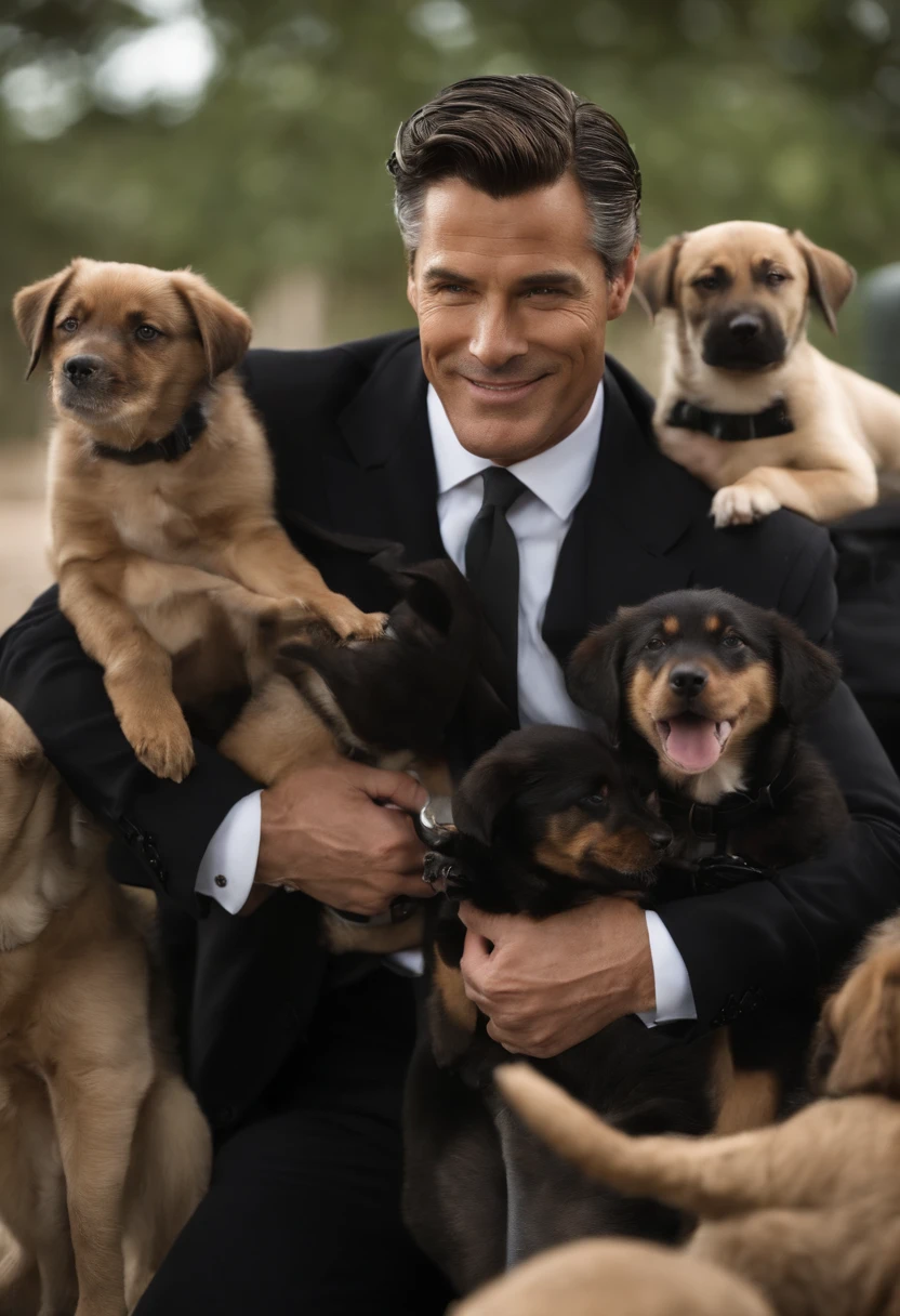 A photo of Bruce Wayne playing with a group of puppies at a dog shelter.,Batman,Bruce Wayne, the man behind the Batman persona, is a striking figure with a tall, athletic build and sharp, handsome features, often dressed in the finest suits as befitting his status as a billionaire playboy. His dark hair and piercing gaze give him a commanding presence, yet there’s always a hint of the enigmatic in his demeanor., male