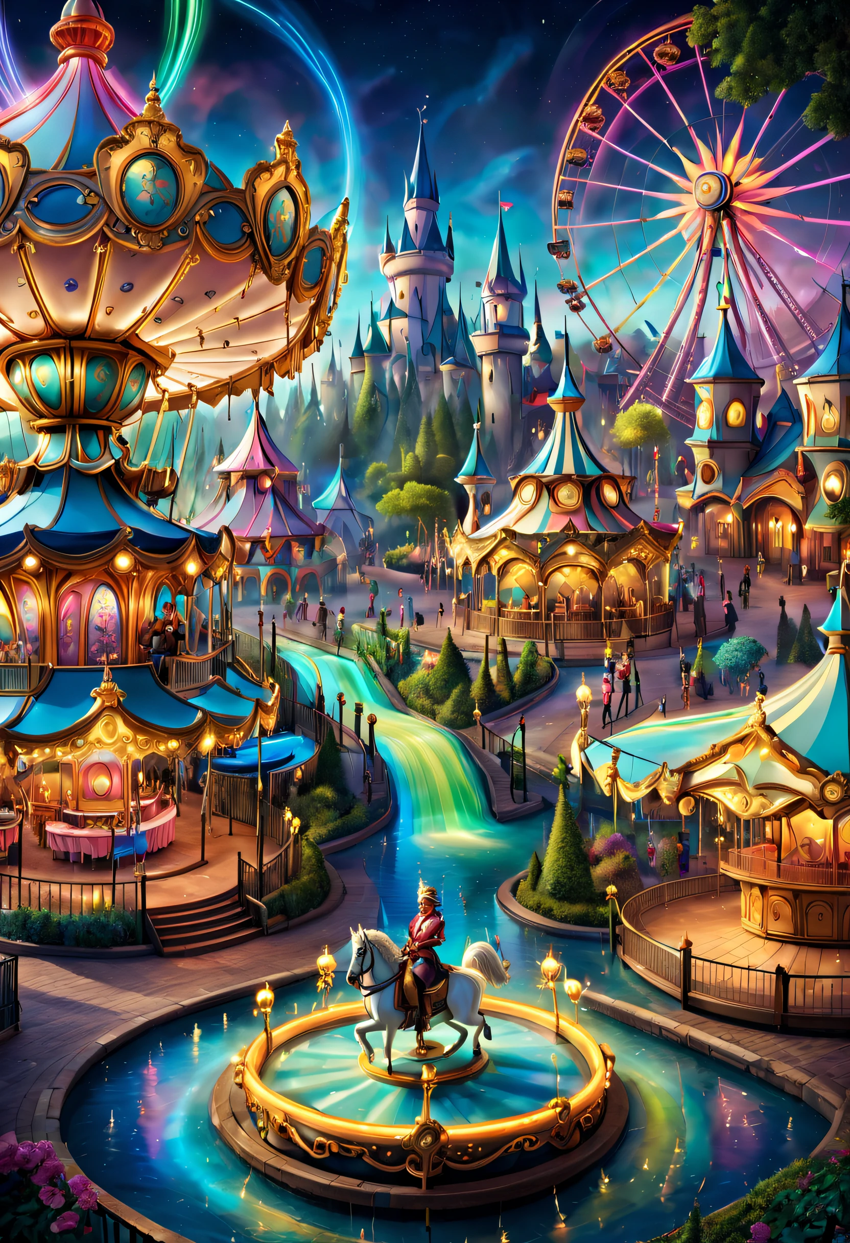 A theme park where fairy tales and magic coexist, Alafas Wonderland，Features fountain and carousel, Bustling magic town, Fairytale beautiful neon color rendering, Medieval Fantasy Town Theme Park, 8K，High detail digital art, Magical neon colors and atmosphere, concept art magical highlight, magical concept art, Fantasy style，Octagon rendering, Magic fantasy is very detailed, paradise theme park, magical colors and atmosphere, An amusement park, roller coasters, carousel horses, bumper cars, he Ferris wheel, waterpark, The content is very detailed, 超高分辨率