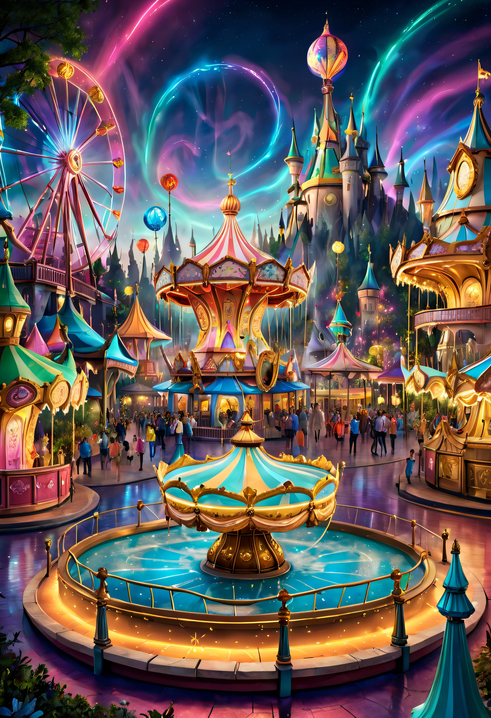 A theme park where fairy tales and magic coexist, Alafas Wonderland,Features fountain and carousel, Bustling magic town, Fairytale beautiful neon color rendering, Medieval Fantasy Town Theme Park, 8K,High detail digital art, Magical neon colors and atmosphere, concept art magical highlight, magical concept art, Fantasy style,Octagon rendering, Magic fantasy is very detailed, paradise theme park, magical colors and atmosphere, An amusement park, roller coasters, carousel horses, bumper cars, he Ferris wheel, waterpark, The content is very detailed, 超高分辨率