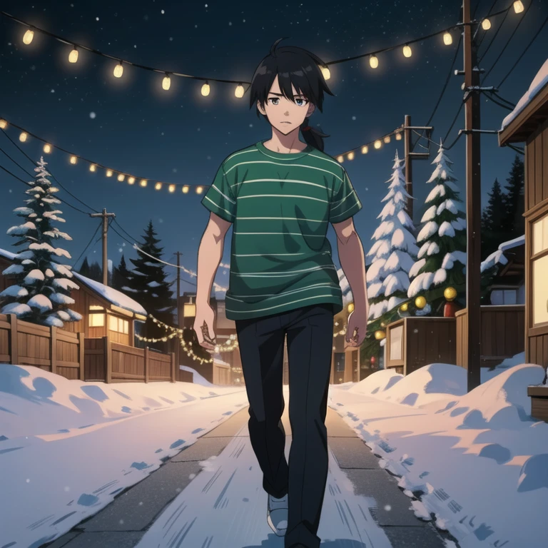 (Sketch) (Manga style) Christmas, a young boy with a long mullet haircut, big lips, and slanted eyes, wearing a hat. Winter season, snow and pine trees on the streets. Walking in the neiborhood. Christmas lights at night