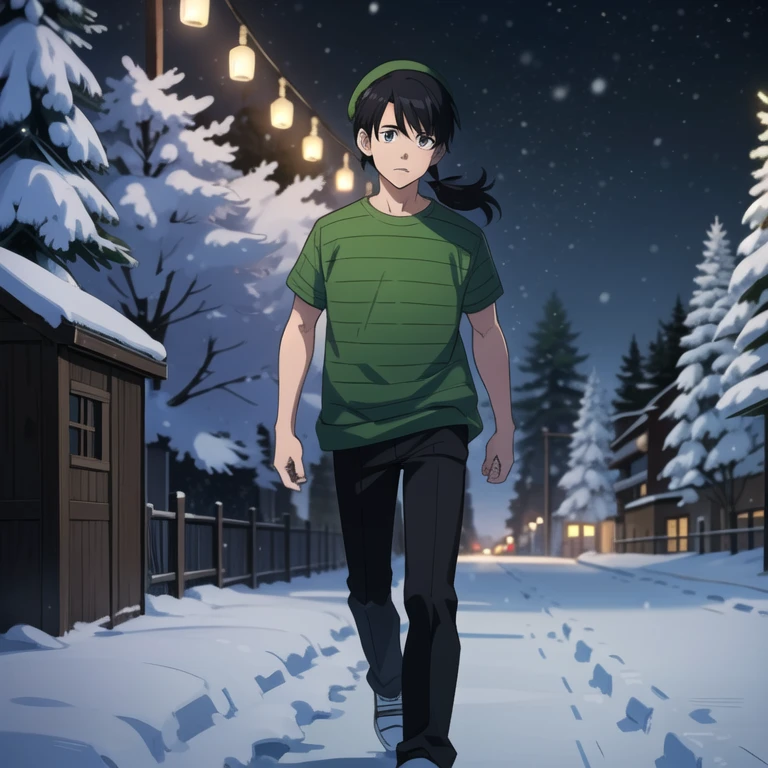 (Sketch) (Manga style) Christmas, a young boy with a long mullet haircut, big lips, and slanted eyes, wearing a hat. Winter season, snow and pine trees on the streets. Walking in the neiborhood. Christmas lights at night