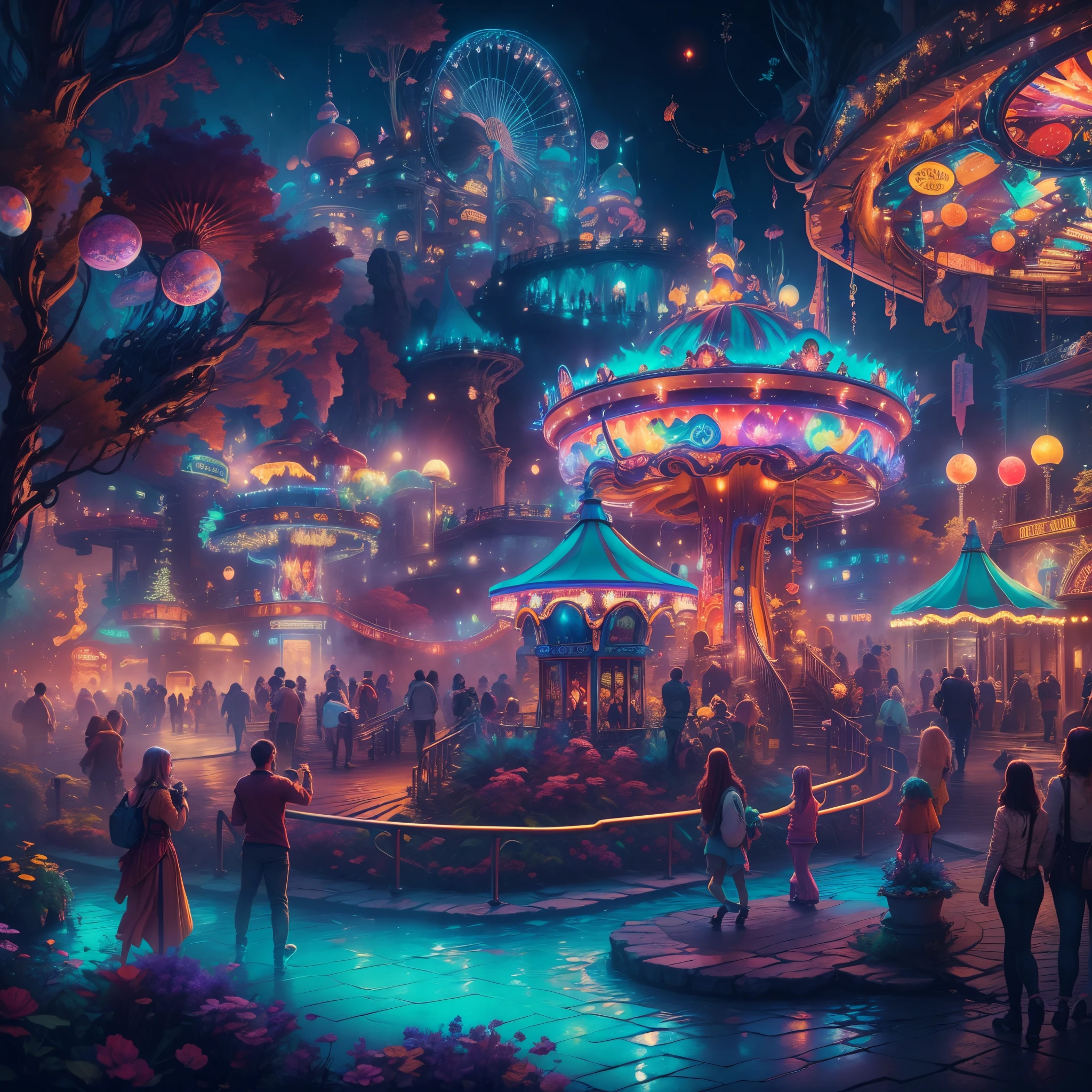 (Best quality, 8K, A high resolution, tmasterpiece:1.2), ultra - detailed, (actual, realistically, realistically:1.37), vivd colour, Magical atmosphere, Whimsical, ((A theme park where fairy tales and magic coexist, Alafas Wonderland，Features fountain and carousel, Bustling magic town, Fairytale beautiful neon color rendering, Medieval Fantasy Town Theme Park, Magical neon light colors and atmosphere, concept art magical highlight, magical concept art, Fantasy style，Octagonal rendering, Magic fantasy is very detailed, paradise theme park, magical colors and atmosphere, An amusement park, roller coasters, carousel horses, bumper cars, Ferris wheel, waterpark)), Surreal, Psychedelic, Complicated details, Beautiful texture, Ethereal, like a dream, Soft glowing light, Charming Patterns, Fantasy creatures, Hidden surprises, dreamlike landscapes, Surreal color palette, Mystic aura, ultra-realistic realism, Enchanting journey, psychedelic trip, vivid imagination, immersive experience, mysterious creature, otherworldly charm, glowing paths, Illuminate the Magic Theme Park, surreal sky, Whimsical theme park, a magical encounter,Fascinating artwork