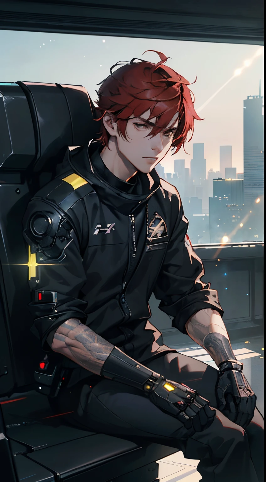 Smoke, (war:1.5), postapocalypse, ((Planets in the sky, stars in thr sky)), ((the night:1.3)), The ruined backdrop of the city, ((spaceship in the sky)), science-fiction, (sports body: 1.4), ((1male)), ( muscular male body), sitting on the rubble of a building, (sly look:1.3), (short red hair:1.4), (Brown eyes:1.2), (Detailed eyes and face:1.3), (Cyberpunk clothes), (black clothing:1.3), black sweatshirt, Black pants, (Cyborg's left arm:1.3), (Bottles on the floor), cityFuture, (calm face:1.3), Destroyed skyscrapers, Wire, HDR (High Dynamic Range), ray traced, NVIDIA RTX, Over-resolution, Unreal 5, sub-surface Scattering, текстурирование PBR, postprocessed, Anisotropic filtering, Depth of field, Maximum clarity and sharpness, Multi-layer Textures, Albedo and specular maps, Surface shading,  Accurate Light-Material Interaction Simulation, Octane rendering, duotone lighting, Low ISO, White balance, the rule of thirds, Wide aperture, 8K RAW, efficient sub-pixel, sub-pixel convolution, (luminescent particles: 1.4), {{tmasterpiece, beste-Qualit, extremely detailed CGI, Unity 8k壁纸, 3d, 电影灯光, lens flares}},