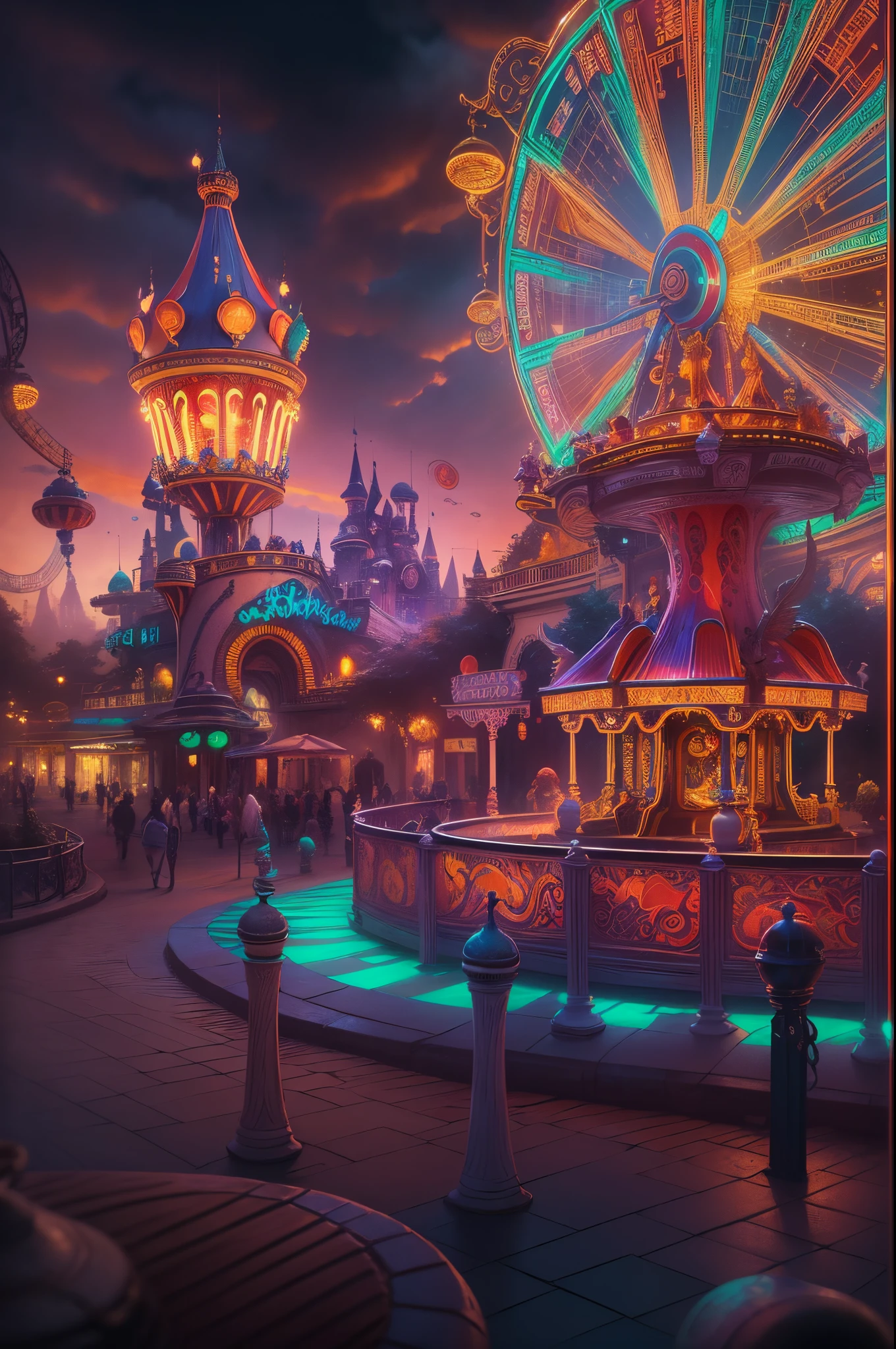 (Best quality, 8K, A high resolution, tmasterpiece:1.2), ultra - detailed, (actual, realistically, realistically:1.37), vivd colour, Magical atmosphere, Whimsical, ((A theme park where fairy tales and magic coexist, Alafas Wonderland，fountain and carousel, Bustling Magic Town Park, Fairytale beautiful neon colors, Medieval Fantasy Town Theme Park, Magical neon light colors and atmosphere, concept art magical highlight, magical concept art, Fantasy style, Magical fantasy，Very detailed, disney theme park, magical colors and atmosphere, An amusement park, roller coasters, carousel horses, bumper cars, he Ferris wheel, waterpark)), Surreal, Psychedelic, Complicated details, Beautiful texture, Ethereal, like a dream, Soft glowing light, Charming Patterns, Fantasy creatures, Hidden surprises, dreamlike landscapes, Surreal color palette, Mystic aura, ultra-realistic realism, Enchanting journey, psychedelic trip, vivid imagination, immersive experience, mysterious creature, otherworldly charm, glowing paths, Illuminate the Magic Theme Park, surreal sky, Whimsical theme park, a magical encounter,Fascinating artwork