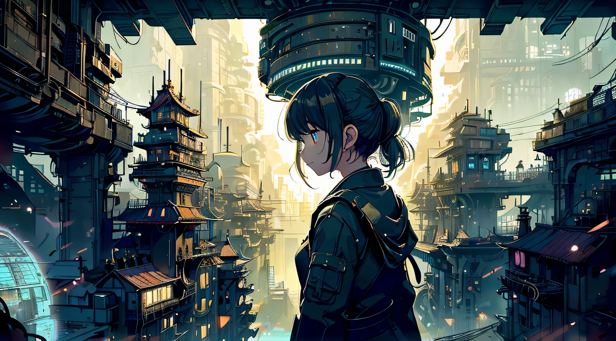 A ray of hope in a dystopia、A young girl wanders into a dark Chinese skyscraper、One little girl's back in the back center of the screen、Very complex cityscape、A devastated world、Pulling composition、industrial、High-definition depiction、A city lined with electric wires、Magic Hour、Make a story with 4 sheets