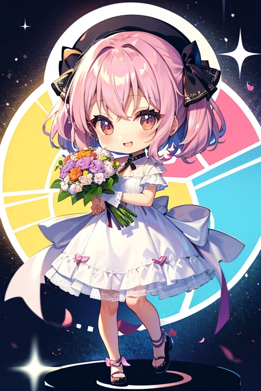 (Chibi: 1.3), happy, (holding a bouquet), full body,