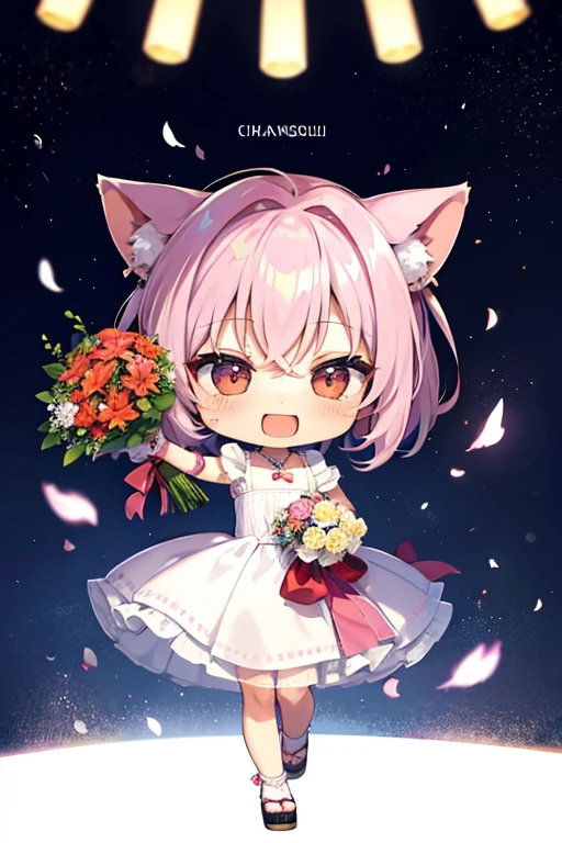 (Chibi: 1.3), happy, (holding a bouquet), full body,