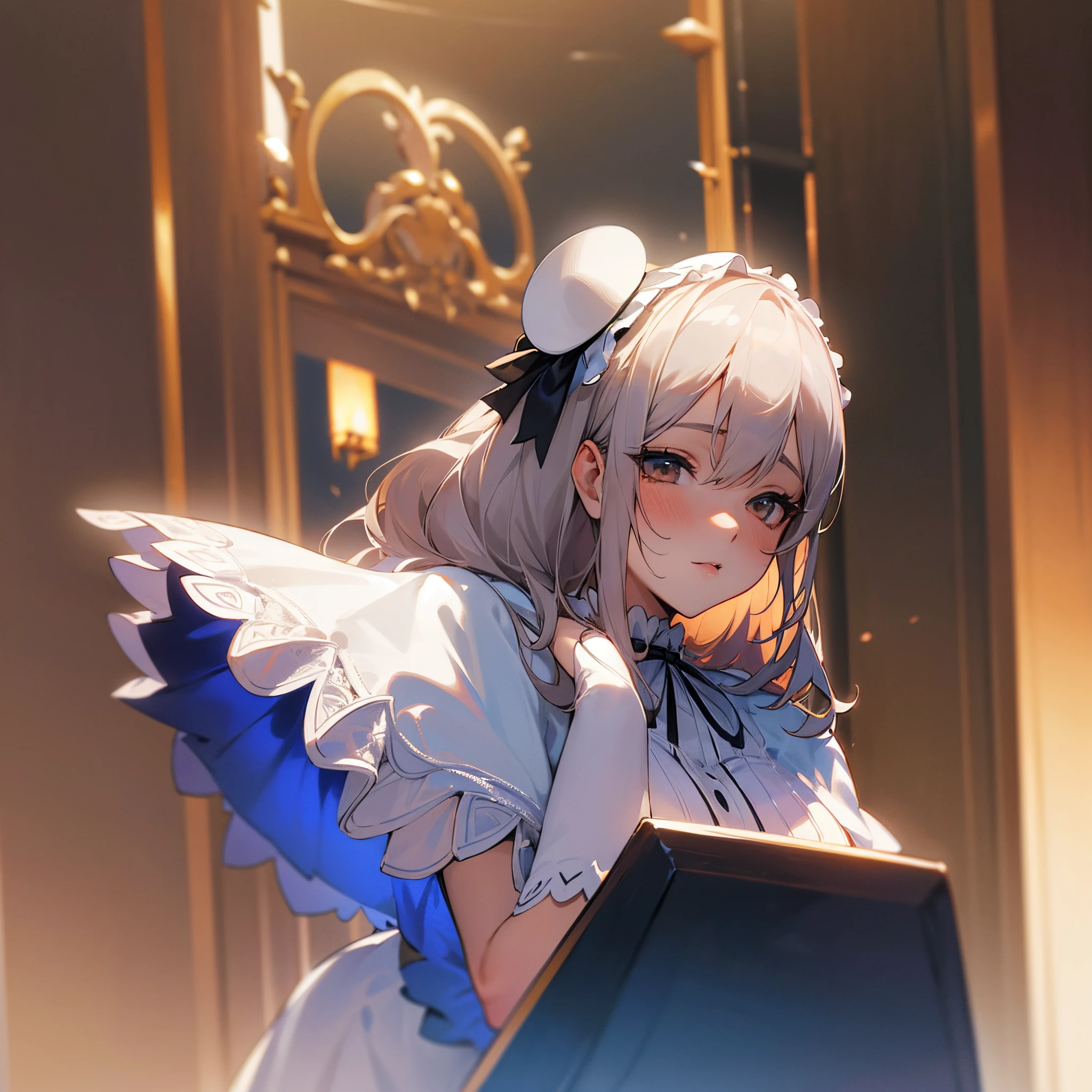 Vêtements de dentelle sexy cosplay père Noël bonnet de nain , couché, épaules nues, fesses nues, seins nues, cheveux blonds, taches de rousseur, lit, chapeau, hentai yuri girl