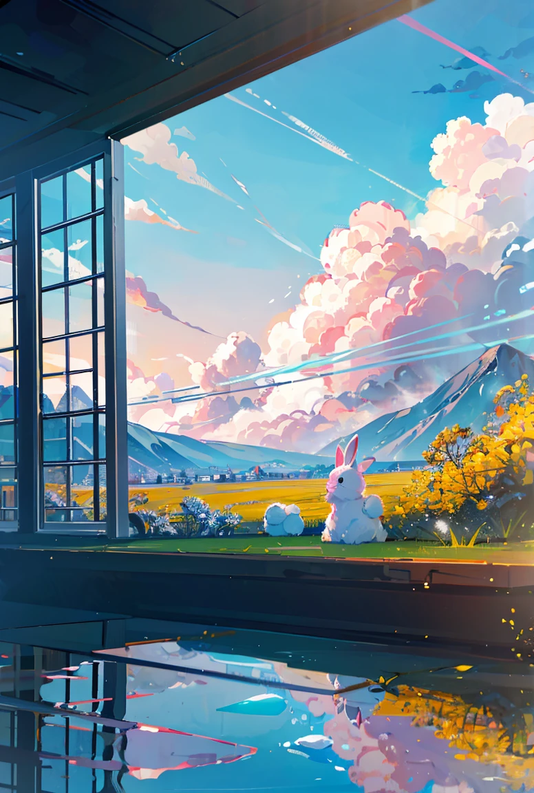 The healing cute style of natural scenery, the cute rabbit image, the warm and bright sunny atmosphere in the background, and the beautiful scene of leisure.