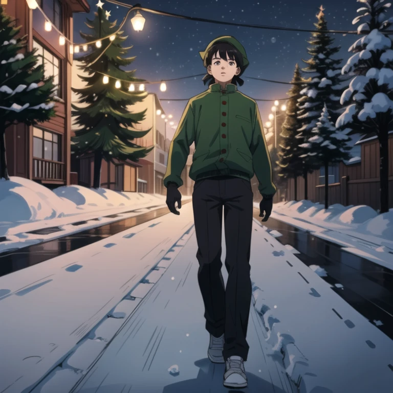 (Sketch) (Manga style) Christmas, a young boy with a long mullet haircut, big lips, and slanted eyes, wearing a hat. Winter season, snow and pine trees on the streets. Walking in the neiborhood. Christmas lights at night