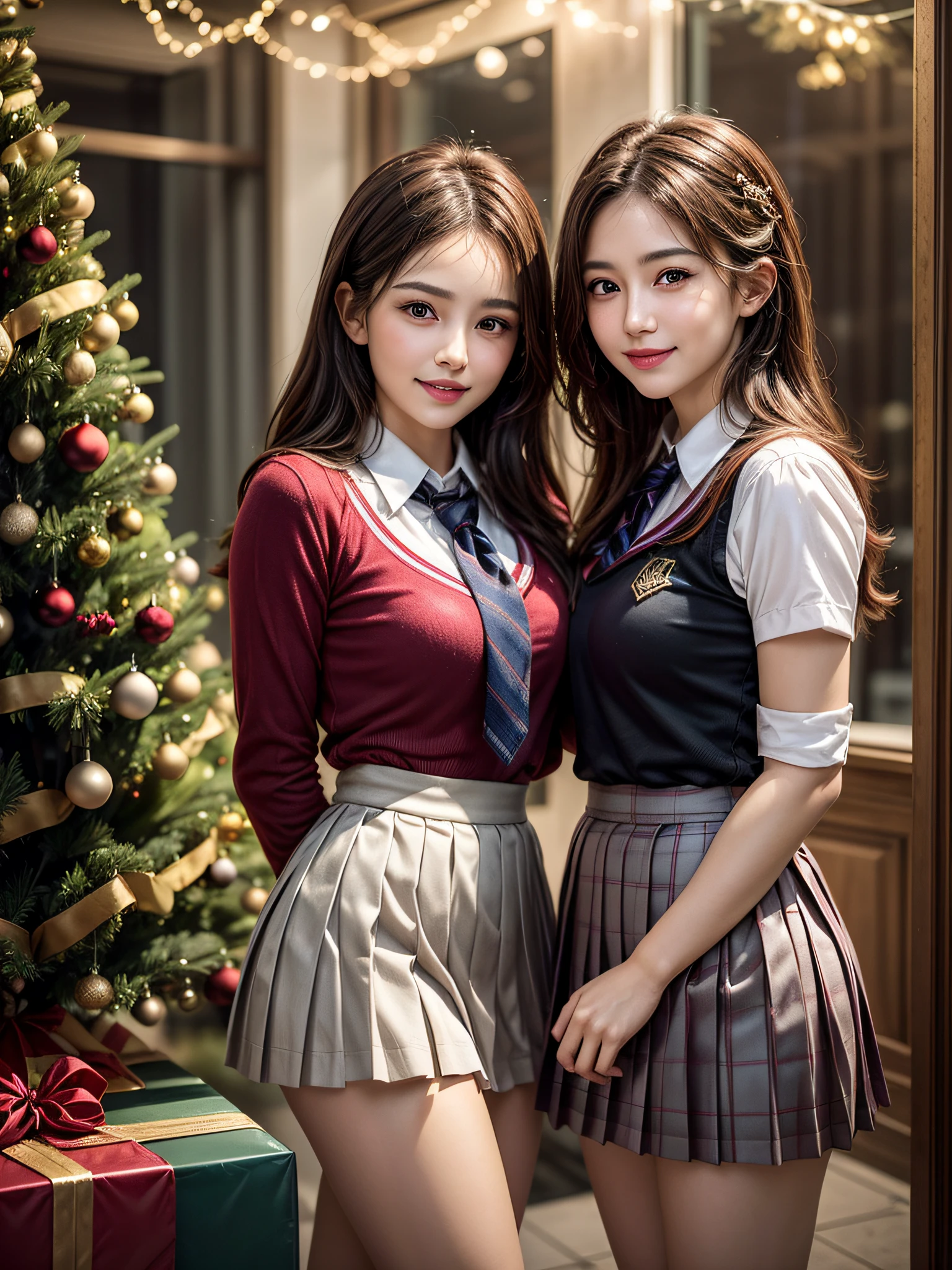 (2girls:1.4), Extremely cute, Amazing face and eyes, (Beautiful lovely smile), (extremely detailed beautiful face), bright and shiny lips, (School uniform, Pleated skirt:1.3), (Best Quality:1.4), (hyper quality), (Ultra-detailed), (Hyper-realistic, Photorealsitic:1.37), Authentic skin texture, intricate-detail, extremely detailed CG unified 8k wallpaper, RAW Photos, professional photograpy, Cinematic lighting, Exposing, Christmas tree, Christmas Ornaments, Christmas Decorations, Christmas Lights, christmas lights,