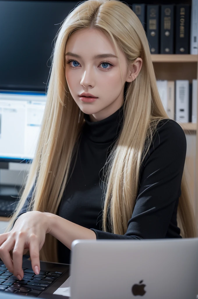 Elongated ears, big breasts, slender figure, slit blue eyes, blonde hair, semi-long hair up, black shirt, grey suit, working at computer desk, serious expression, left hand turned to top left of head,
Ultra realistic, realistic capture, high detail, high resolution 16K human skin close-up Skin texture natural, pores finely detailed with fine identification, Mix4, 20d, SOLO, full body, viewer, (8K, RAW shot, highest quality 1), (Real Photo 2), (Real Photo realism: 1. 37), professional lighting, photon mapping, radiosity, physics-based rendering.