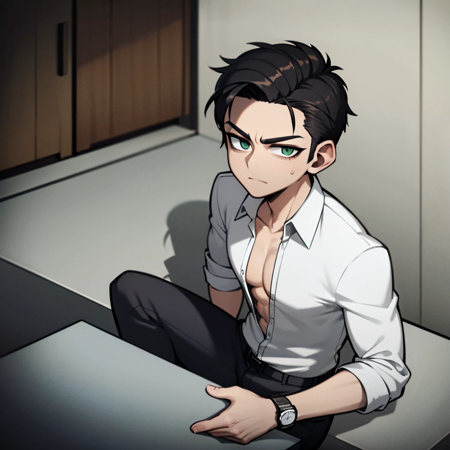 Handsome, well toned, unbuttoned white button up, dress pants, dress shoes, watch, hyper realistic, short slick back jet black hair, green eyes, man, manly, serious, crotch buldge, sitting, masterpiece, 4k ultra HD resolution,