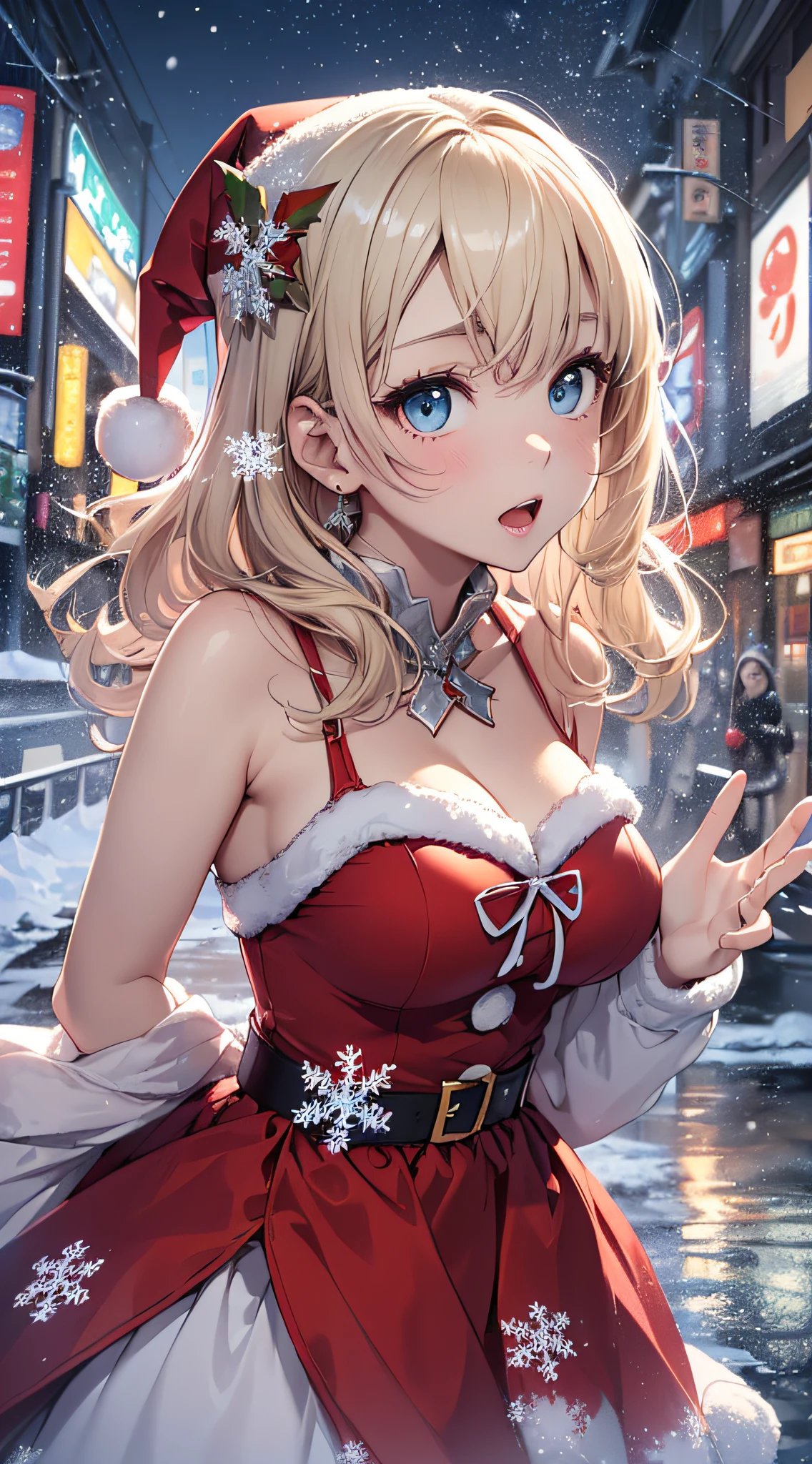 top-quality、Top image quality、masterpiece、teens girl((Red Santa Costume、santa style short skirt、santa style tank top、sixteen years old、teen ager、Best Bust、big bast,Beautiful light blue eyes、Breasts wide open, a blond、A slender,Large valleys、dye one's cheeks red、Leaning forward、White breath、Reflecting the whole body、Cross your arms、Face holding back)),hiquality、Beautiful Art、Background with((Tokyo at night、Ice Burn City at night、snowflakes falling、Heavy snow falls、snowman、ice tower、In front of a convenience store)))、masutepiece、depth of fields,