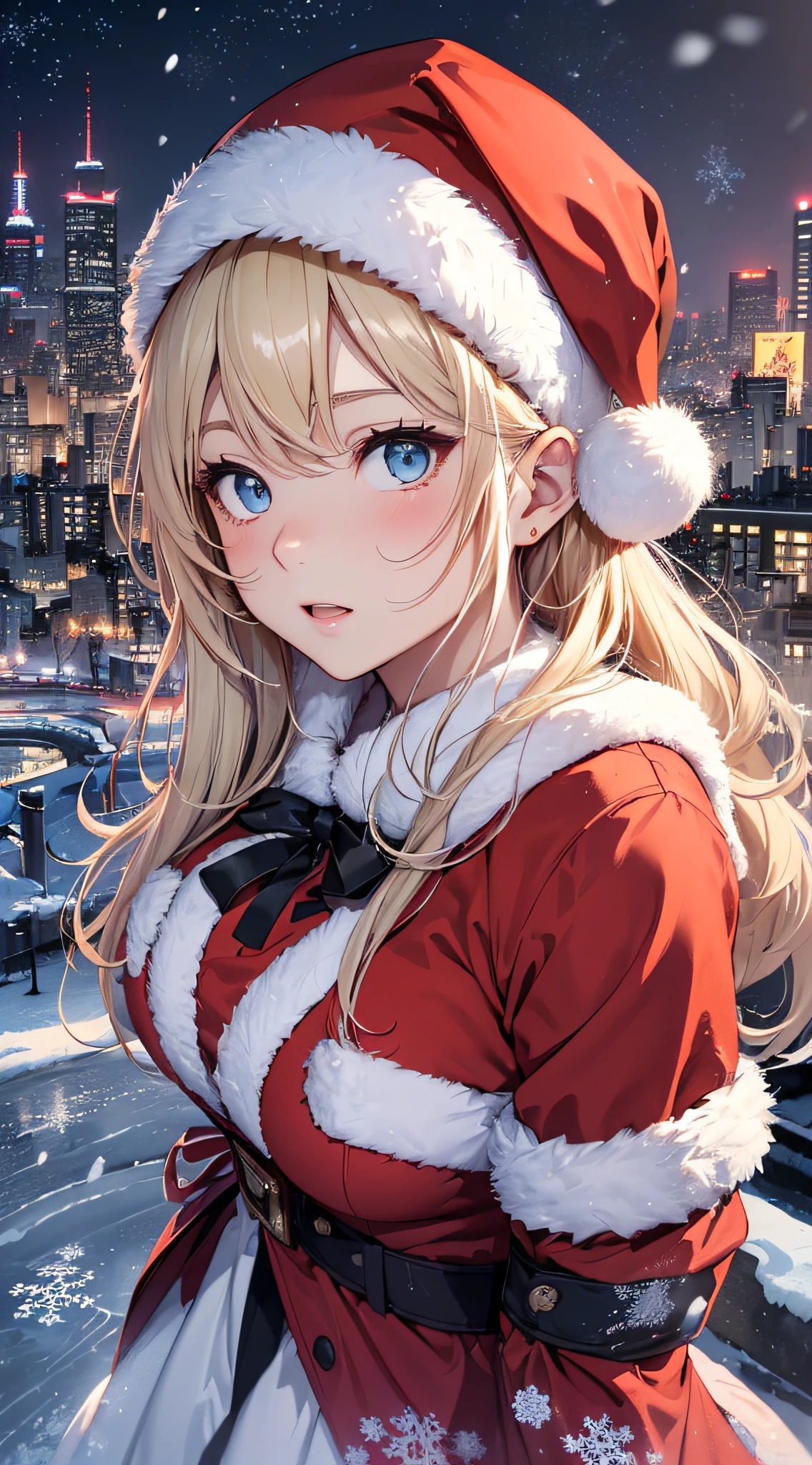 top-quality、Top image quality、masterpiece、s girl((Red Santa Costume、sixteen years old、teenr、Best Bust、big bast,Beautiful light blue eyes、Breasts wide open, a blond、A slender,Large valleys、dye one's cheeks red、Leaning forward、White breath、Reflecting the whole body、wave her hand)),hiquality、Beautiful Art、Background with((Tokyo at night、Ice Burn City at night、snowflakes falling、Heavy snow falls、snowman、ice tower)))、masutepiece、depth of fields,
