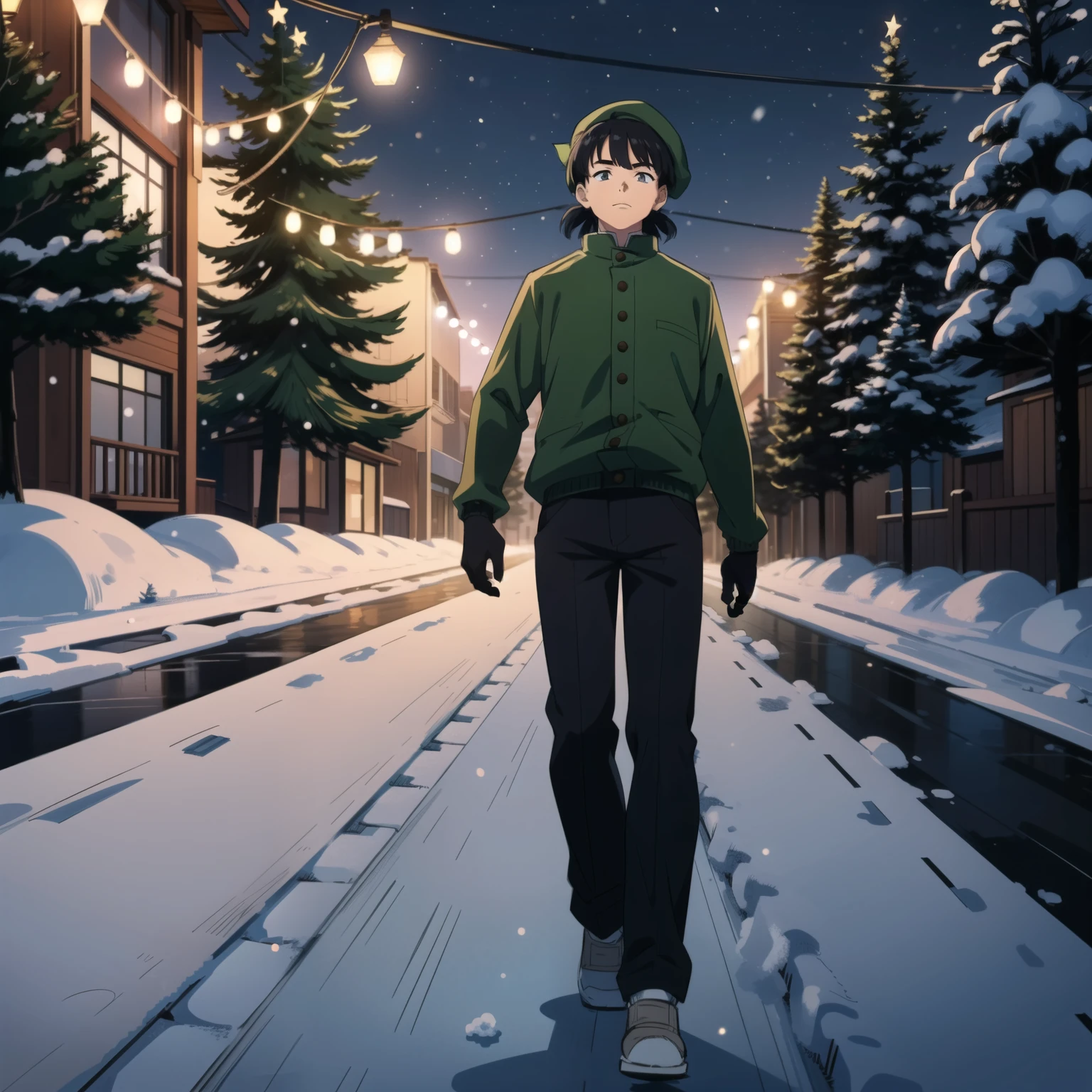 (Sketch) (Manga style) Christmas, a young boy with a long mullet haircut, big lips, and slanted eyes, wearing a hat. Winter season, snow and pine trees on the streets. Walking in the neiborhood. Christmas lights at night