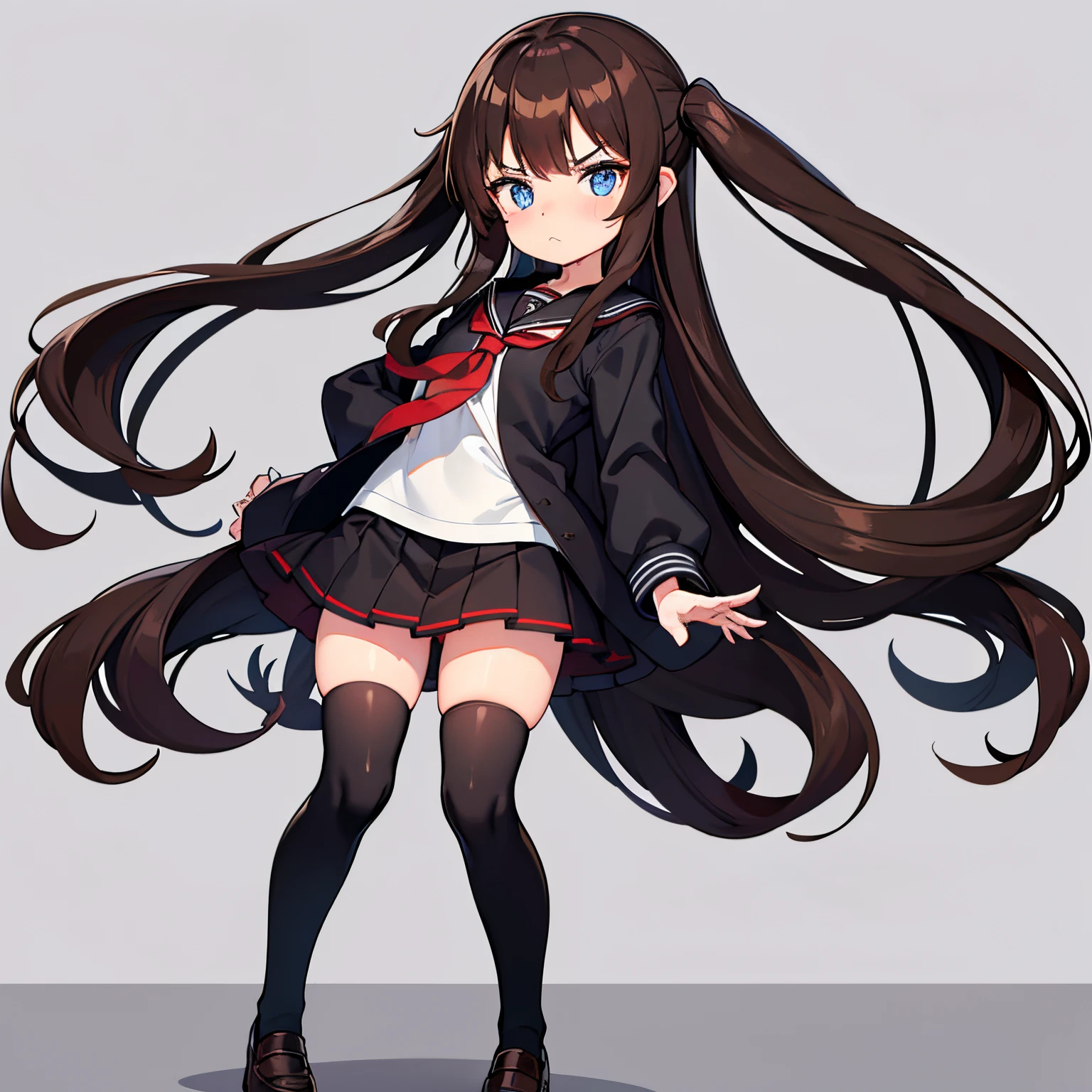 Long brown hair, Black and red long-sleeved sailor uniform school uniform plus skirt,White skin, Blue eyes,Innocent eyes,Pouting in a tsundere way, full body, black thighhigh socks, white shoes, standing up, looking a viewer