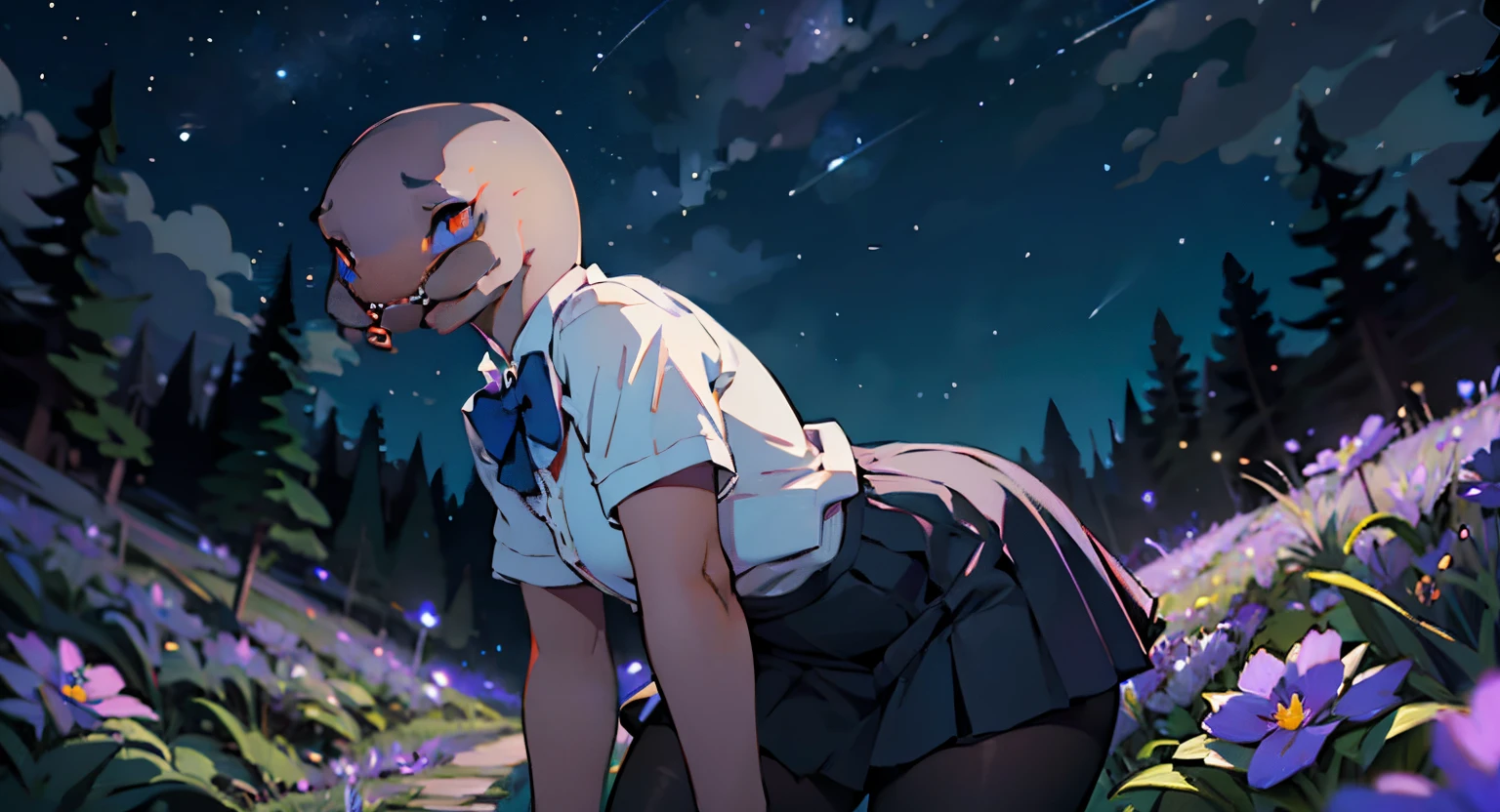 best quality, masterpiece,, Illustration, Wallpaper,1sangheili, solo, school uniform, white shirt, black skirt, beautiful, beautiful detailed eyes, shy, natural_lighting, glow,nsfw, clean sky, looking at viewer, outdoors, night sky, star (sky), black pantyhose, blue bowtie, purple petals, purple and blue flowers, blue ribbon, thick_thighs, farting, farts, fart