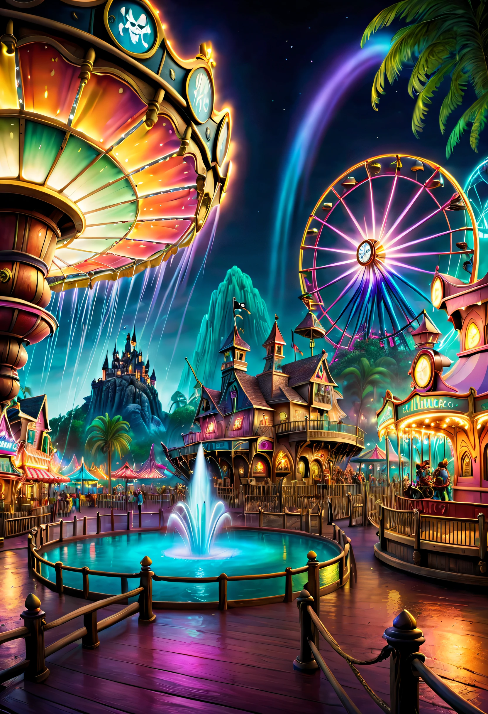 (Best quality at best, 8K, A high resolution, tmasterpiece:1.2), ultra - detailed, (actual, realistically, realistically:1.37), vibrant with colors, magical ambiance, Whimsical, ((disney pirate theme park, pirates of the caribbean，fountain and carousel, Lively Pirate Town Park, Beautiful fairytale neon colors, Medieval Fantasy Town Theme Park, Magical neon colors and atmosphere, concept art magical highlight, magical concept art, Fantasy style, Magical fantasy，The is very detailed, disney theme park, magical colors and atmosphere, An amusement park, roller coasters, pirate ships, bumper cars, Ferris wheel, waterpark)), Surreal, Psychedelic, Complicated details, Beautiful texture, Ethereal, like a dream, Soft glowing light, Charming Patterns, fantastical creature, Hidden surprises, dreamlike landscapes, Surreal color palette, Mystic aura, ultra-realistic realism, Enchanting journey, psychedelic trip, vivid imagination, immersive experience, mysterious creature, otherworldly charm, glowing paths, Light up the Magic Theme Park, surreal sky, Whimsical theme park, a magical encounter,Fascinating artwork