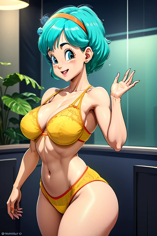 High definition, 8k, Rosto detalhado, agarrando seu peito, tocando seu peito, mostrando o peito, Bulma de dragonball z, olhos azuis profundos, ((yellow see through lingerie)), Spa, (seios grandes)), magro e fino, Body of equal proportions, ((foco em seu peito)), Front view, quatro dedos e 1 polegar, ((2 hands)), cabelos azuis, sorriso bonito, sorrindo para o espectador, bochechas coradas,