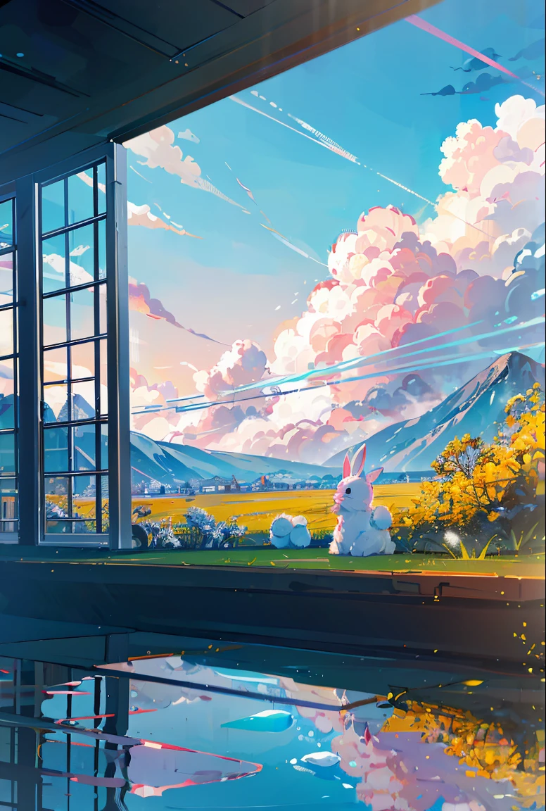 The healing cute style of natural scenery, the cute rabbit image, the warm and bright sunny atmosphere in the background, and the beautiful scene of leisure.