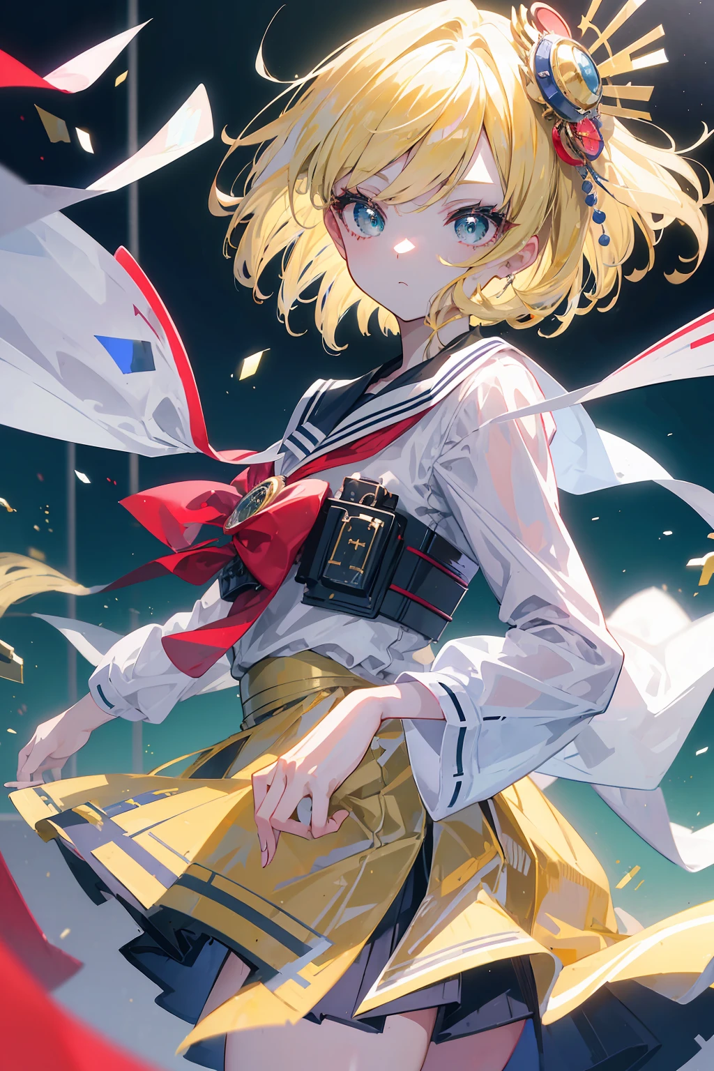 (masterpiece, beautiful, aesthetic, vibrant, official anime art, insane quality, 8k, 4k, intricate details, aesthetic, vibrant, 1girl), slightly short blonde hair, green eyes, japanese school uniform, japanese sailor uniform, perfect body, perfect face, perfect hands, beautiful eyes, detailed eyes, perfect eyes, (inside a classroom:1.3), detailed background, hard light, cowboy shot, bokeh
