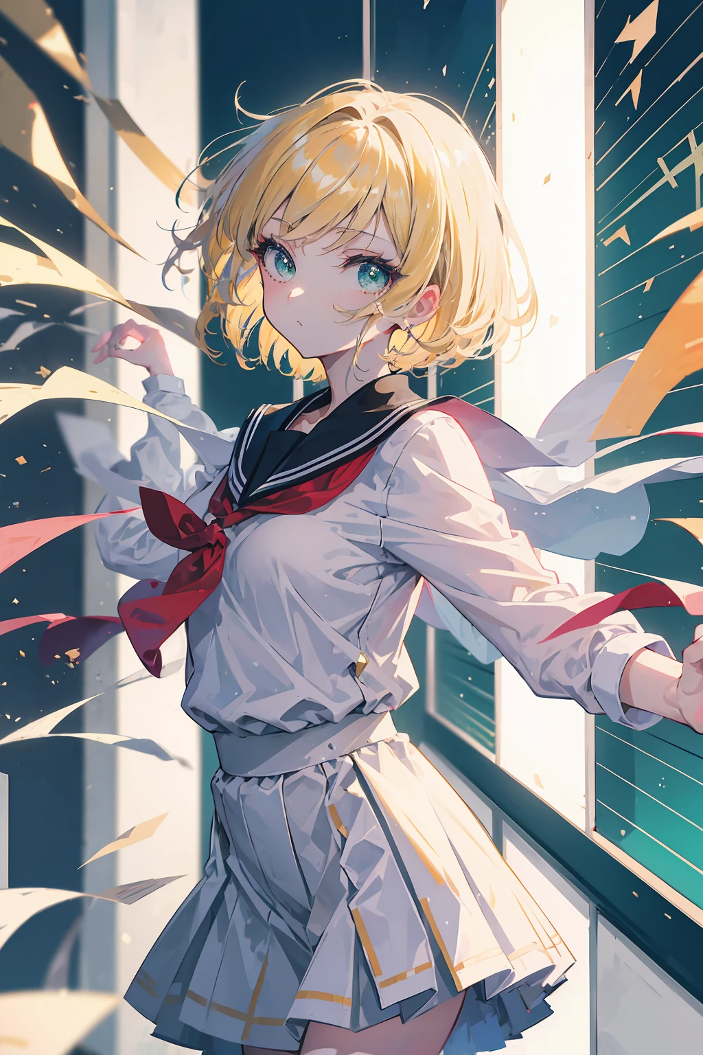 (masterpiece, beautiful, aesthetic, vibrant, official anime art, insane quality, 8k, 4k, intricate details, aesthetic, vibrant, 1girl), slightly short blonde hair, green eyes, japanese school uniform, japanese sailor uniform, perfect body, perfect face, perfect hands, beautiful eyes, detailed eyes, perfect eyes, (inside a classroom:1.3), detailed background, hard light, cowboy shot, bokeh