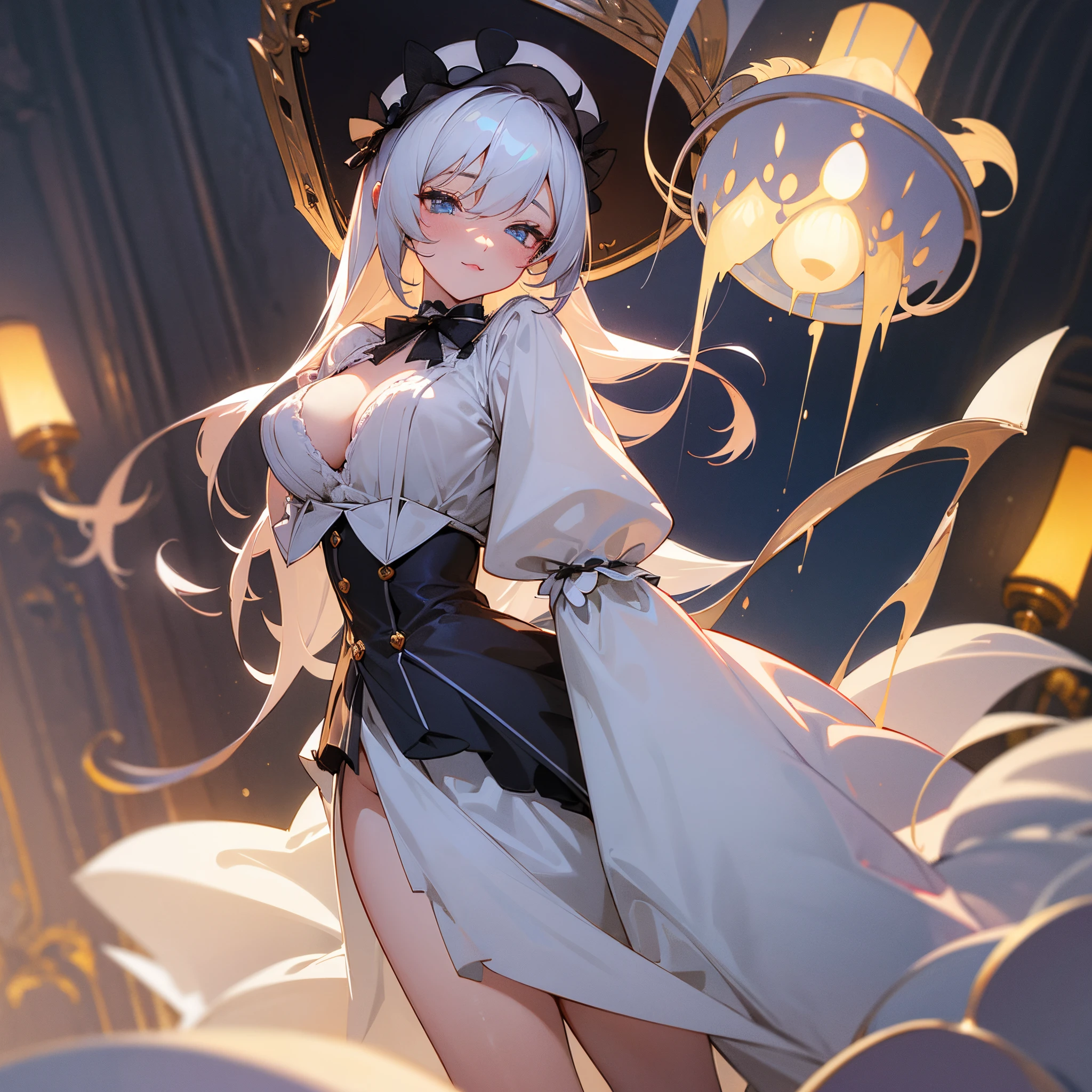 Vêtements de dentelle sexy cosplay père Noël bonnet de nain , couché, épaules nues, fesses nues, seins nues, cheveux blonds, taches de rousseur, lit, chapeau, hentai yuri girl, main sur les seins