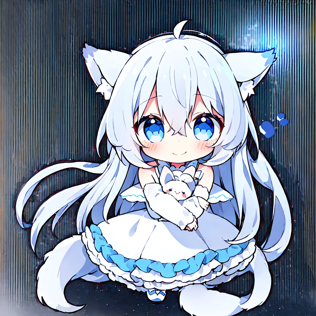 1girl, animal ears, animal, closed mouth, hair between eyes, tail, dress, long hair, smile, blue eyes, blush, bangs, chibi, blue footwear, very long hair, white dress, ahoge, white background, solo, animal ear fluff, dog, bare shoulders