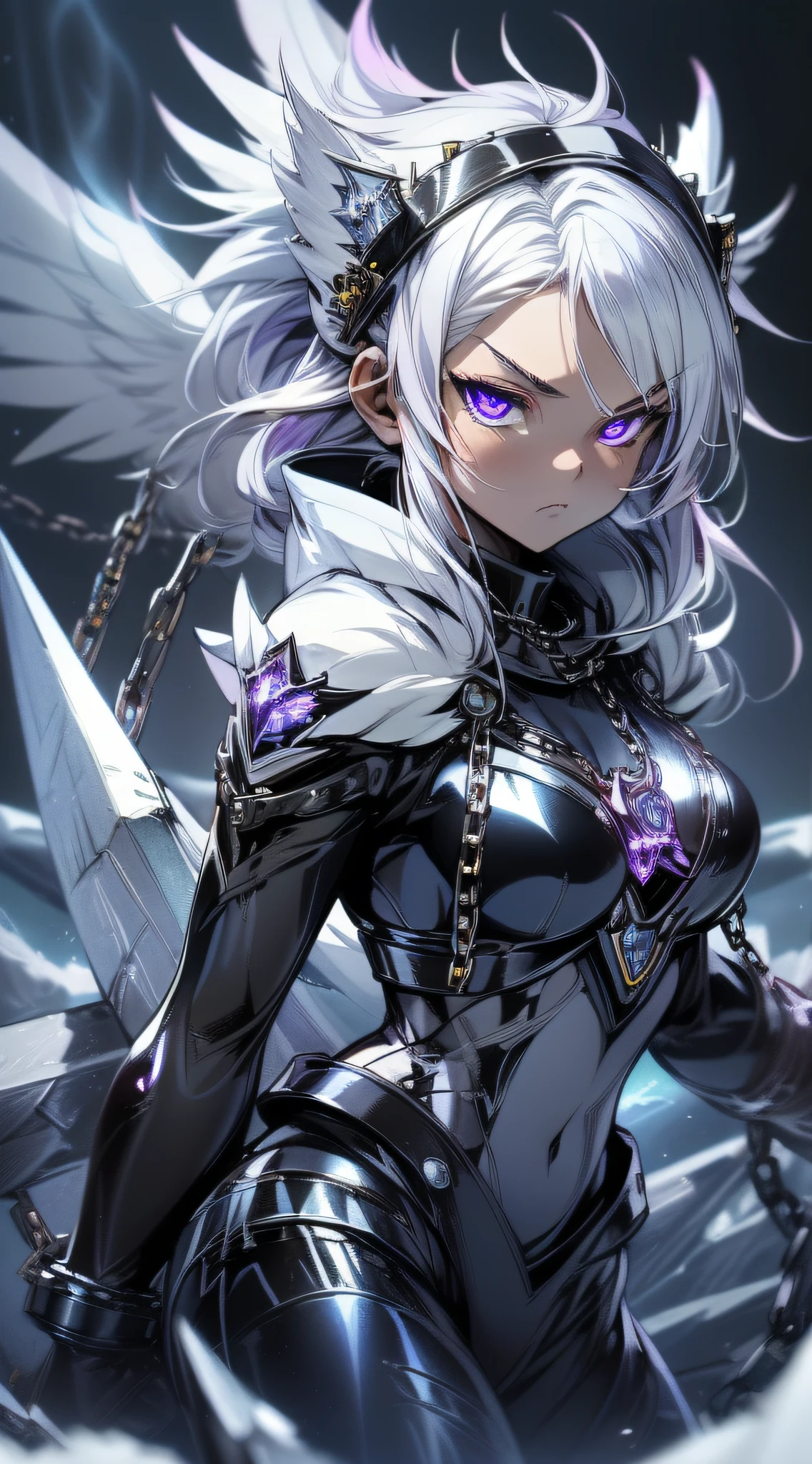 top-quality、Top image quality、​masterpiece、girl with((black shiny mechanic suit、18year old、r、cute little、Best Bust、big bast,Beautiful shining purple eyes、Breasts wide open, white  hair、one white winged,Longhaire、A slender,Large valleys、belligerent movements,sharp claws、anchor chain、chain、chains、Beam Cannon、Have an ice sword、)),hiquality、Beautiful Art、Background with((natta、snow blowing、Oyuki、Yuki、ice tower、big ice house、White smoke)))、,masutepiece、depth of fields,Cinematic style