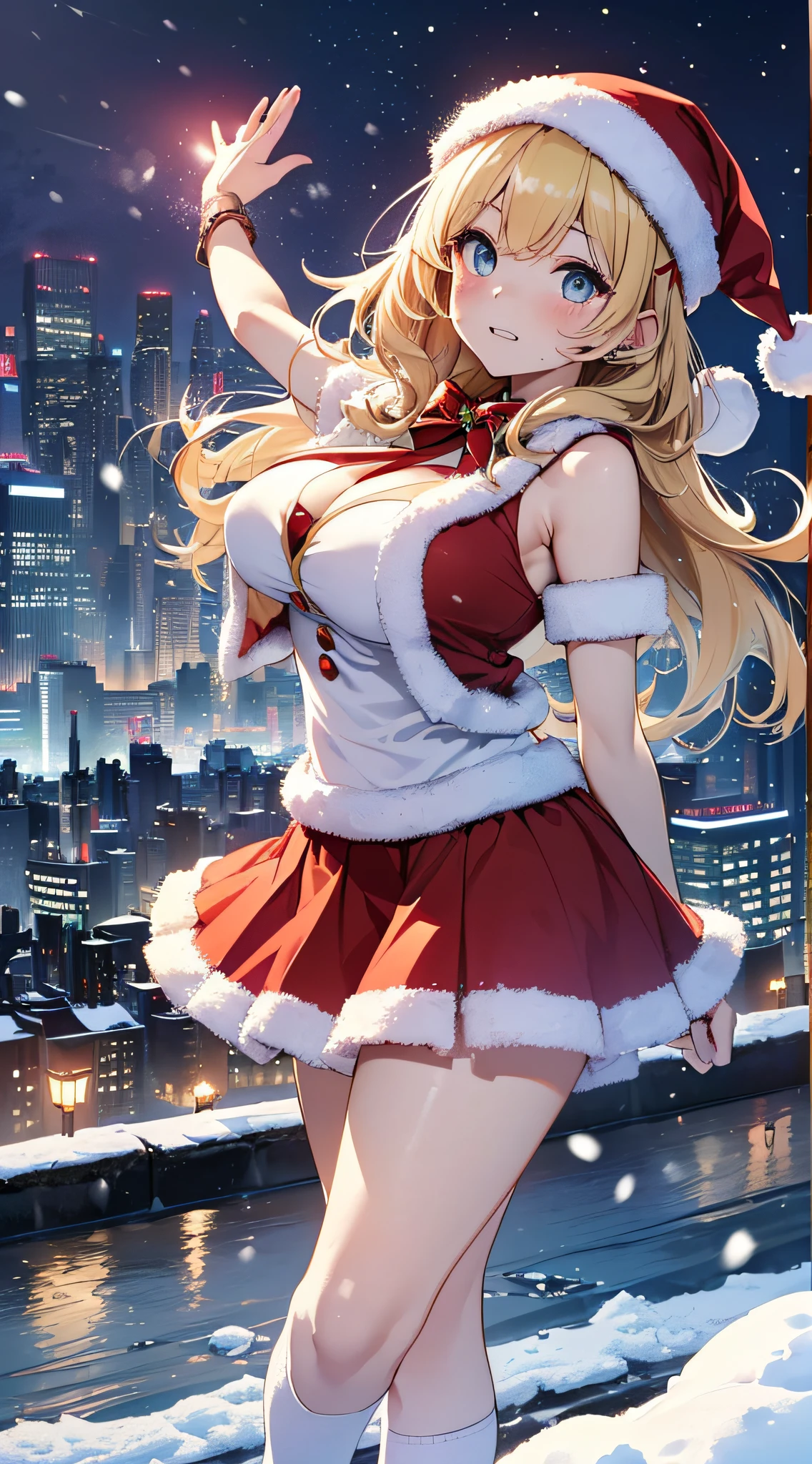 top-quality、Top image quality、masterpiece、s girl((Red Santa Costume、santa style short skirt、santa style tank top、sixteen years old、teenr、Best Bust、big bast,Beautiful light blue eyes、Breasts wide open, a blond、A slender,Large valleys、dye one's cheeks red、Leaning forward、White breath、Reflecting the whole body、wave her hand)),hiquality、Beautiful Art、Background with((Tokyo at night、Ice Burn City at night、snowflakes falling、Heavy snow falls、snowman、ice tower)))、masutepiece、depth of fields,