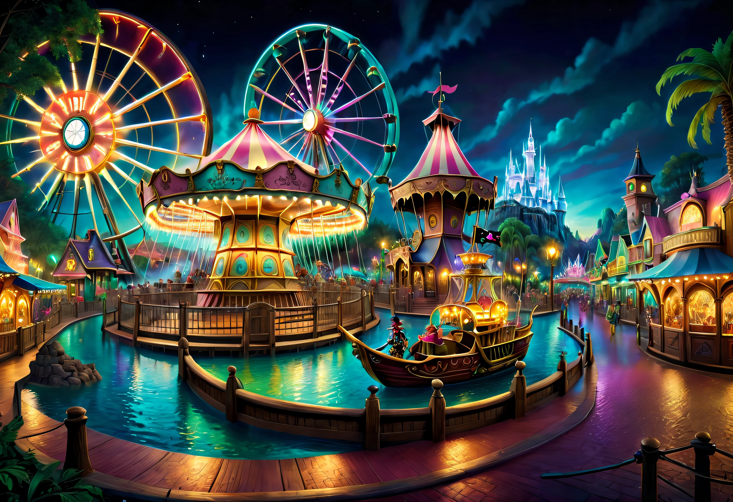 (Best quality at best, 8K, A high resolution, tmasterpiece:1.2), ultra - detailed, (actual, realistically, realistically:1.37), vibrant with colors, magical ambiance, Whimsical, ((disney pirate theme park, pirates of the caribbean，fountain and carousel, Lively Pirate Town Park, Beautiful fairytale neon colors, Medieval Fantasy Town Theme Park, Magical neon colors and atmosphere, concept art magical highlight, magical concept art, Fantasy style, Magical fantasy，The is very detailed, disney theme park, magical colors and atmosphere, An amusement park, roller coasters, pirate ships, bumper cars, Ferris wheel, waterpark)), Surreal, Psychedelic, Complicated details, Beautiful texture, Ethereal, like a dream, Soft glowing light, Charming Patterns, fantastical creature, Hidden surprises, dreamlike landscapes, Surreal color palette, Mystic aura, ultra-realistic realism, Enchanting journey, psychedelic trip, vivid imagination, immersive experience, mysterious creature, otherworldly charm, glowing paths, Light up the Magic Theme Park, surreal sky, Whimsical theme park, a magical encounter,Fascinating artwork