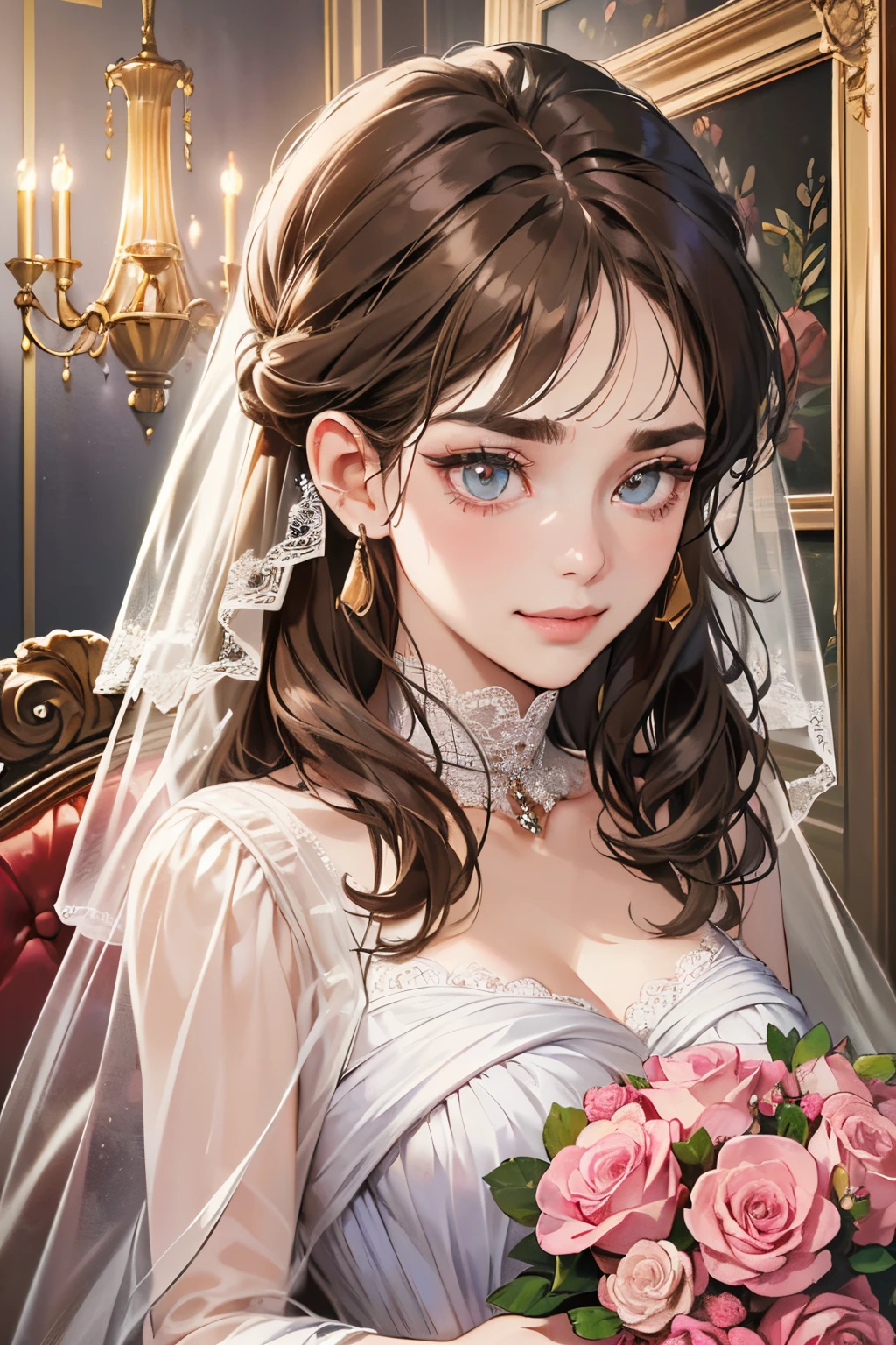 (masutepiece, Digital Art, Digital Illustration, 4K, 8K, Ultra-detailed, beautiful image, Sharp Image, Photorealistic, Raw photo, Perfect face, Perfect lines, Perfect eyes, Soft lighting) 1 woman, (lightbrown hair,Chignon Hair,Innocent look,drooping eyebrows,drooing eyes,with round face,Round jaws、Innocence,cute little,big eye,natural make up,kindly smile,E-cup,23 y-o woman:1.3),Two handsome men in suits, (ember,Men in suits,well-muscled,Firm shoulder width,Adult male,Boyish hairstyle,Man in his 30s with a cool expression,28-year-old man with bright smile:1.2),Antique furnishings,Antique Clamps,Antique chair,chandeliers,Crystal Glass,Luxury,fantastical light,Marble fireplace,(embarrassed from,Shy smile,pink rose bouquet:1.2),Antique sofa,Leather sofa,the kiss、kiss、a couple、couple kissing、Romance、one piece dress、Veil of lace