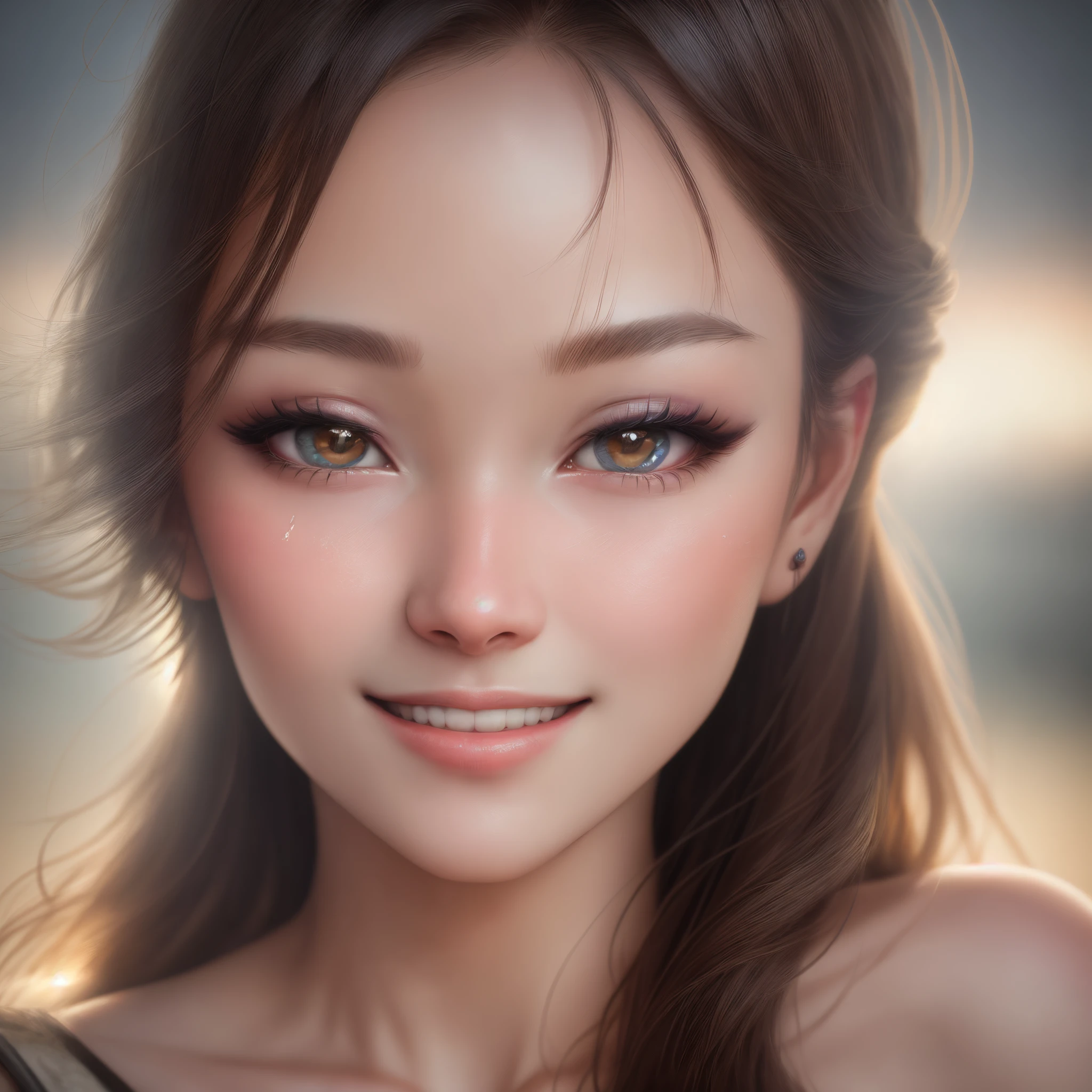 Faces close、bending forward、extra detailed face、Professional lighting for the face、Wet and shiny skin、Photorealsitic、Outstanding smile、(in 8K) ,Detailed skin、Detailed hair strands、 ​master piece, (No retouching, Lip gloss, False eyelashes, Real Skin, of the highest quality, 超A high resolution, depth of fields, chromatic abberation, Caustics, Wide Lighting,