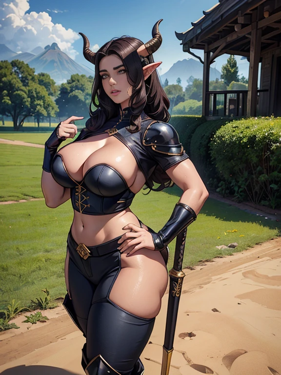 (Obra-prima, qualidade superior, melhor qualidade, arte oficial, Beauty and Aesthetics: 1,2), (1 mulher: 1,3), Two thin horns on the head(cabelo escuro grande (rabo de cavalo)), extremamente detalhado, retrato, olhando para o espectador, sozinho, (corpo inteiro : 0.6), plano de fundo detalhado, close-up, (tema bela elfa no campo de treinamento : 1.1), mulher, cabelo longo, bunda grande, cabelo preto, mulher madura, (((pele branca), pele lisa)) , um tiefling extremamente ocupado, with a serious look, , parado no campo de treinamento, vestindo a roupa tradicional de um guerreiro elfo((Pants and boots)) ((((seios grandes, decote, skin prostheses)))) , e um lindo umbigo, abdominal dissection, cintura fina, quadris finos, pernas longas, esportes, campo de treinamento, (External Area: 1.1) bastidores, luzes fortes, luzes, clima tenso, Dutch Corner