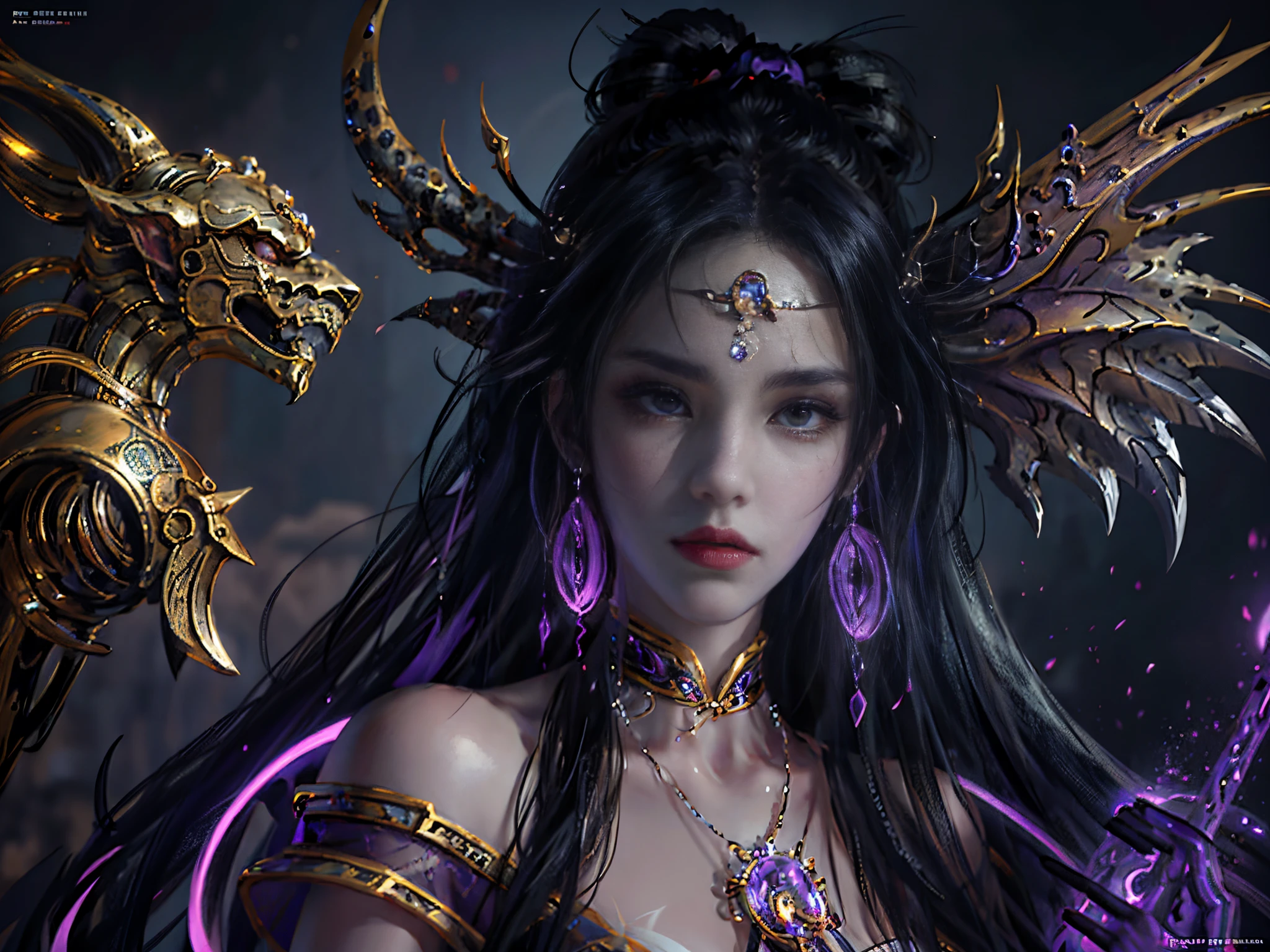 Peerless beauty，tmasterpiece，Close-up of a woman dressed in purple and black，shadowbringers cinematic，4K detail fantasy，beautiful fantasy empress，GameCG，xianxia fantasy，xianxia hero，2。5d CGI anime fantasy artwork，Close-up view of the movie goddess，Ruan Jia and Artgerm，World of Warcraft 4K detail fantasy，Super detailed fantasy characters