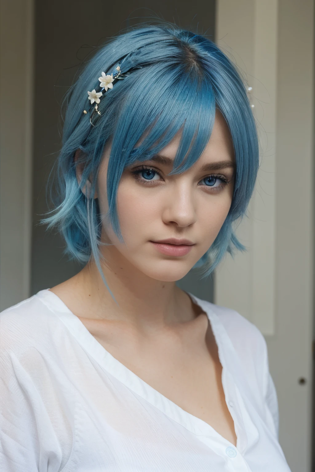 A beautiful white Caucasian with blue hair