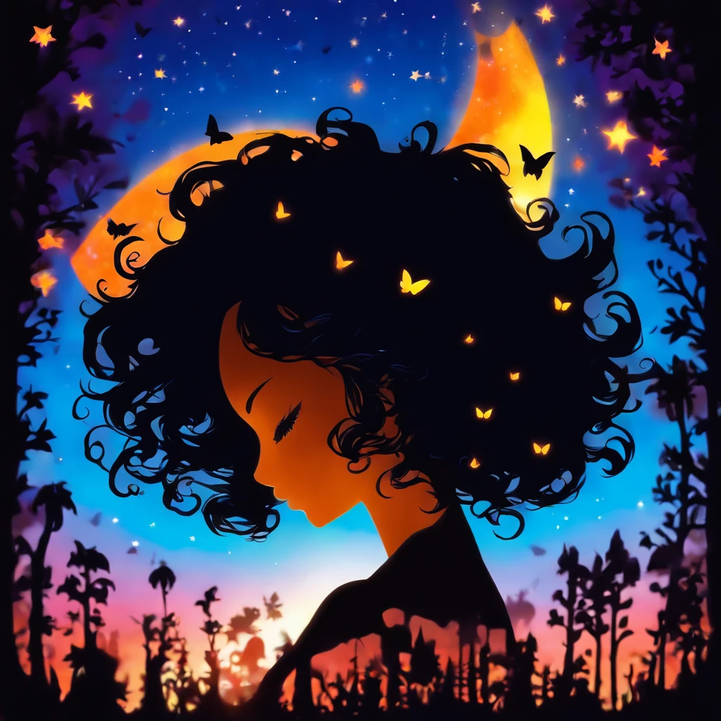 (Silhouette Art,cutouts:1.6)
(((Paper cutting art,A world where only night exists:1.3), heart moon, solo, colorful backlighting, glowing highlight,intricate masterpiece, 2D digital art
(Cowboy Shot),1 black girl,Solo, Clear and beautiful detailed face,15 Nights, butterflies
break
(Silvery Moon)
Gradients Blue textured glass background,Arcana World