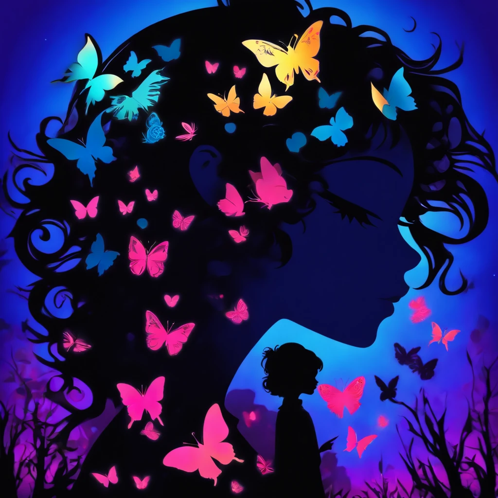 (Silhouette Art,cutouts:1.6)
(((Paper cutting art,A world where only night exists:1.3), heart moon, solo, colorful backlighting, glowing highlight,intricate masterpiece, 2D digital art 

(Cowboy Shot),1 black girl,Solo, Clear and beautiful detailed face,15 Nights, butterflies 

break
(Silvery Moon)
Gradients Blue textured glass background,Arcana World