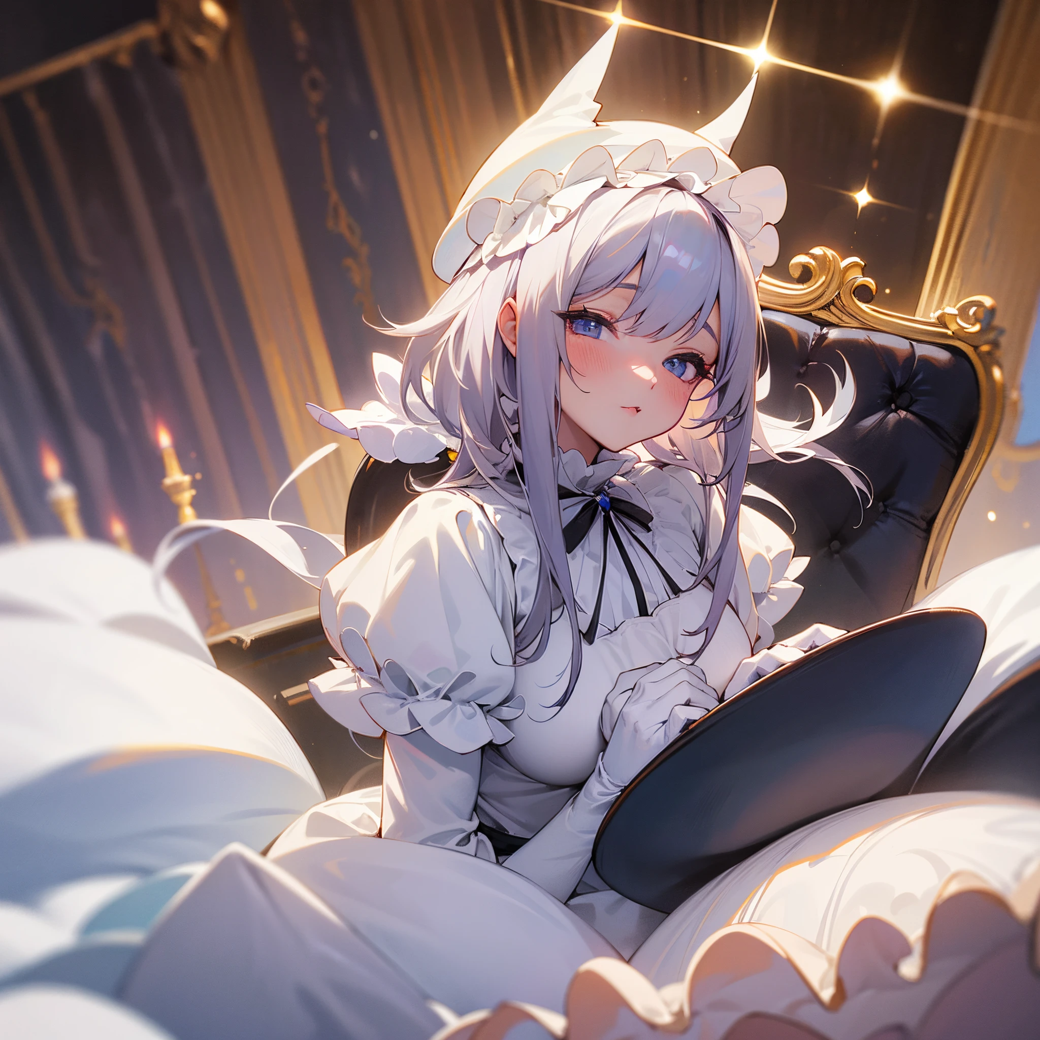Vêtements de dentelle sexy cosplay père Noël bonnet de nain , couché, épaules nues, fesses nues, seins nues, cheveux blonds, taches de rousseur, lit, chapeau, hentai yuri girl