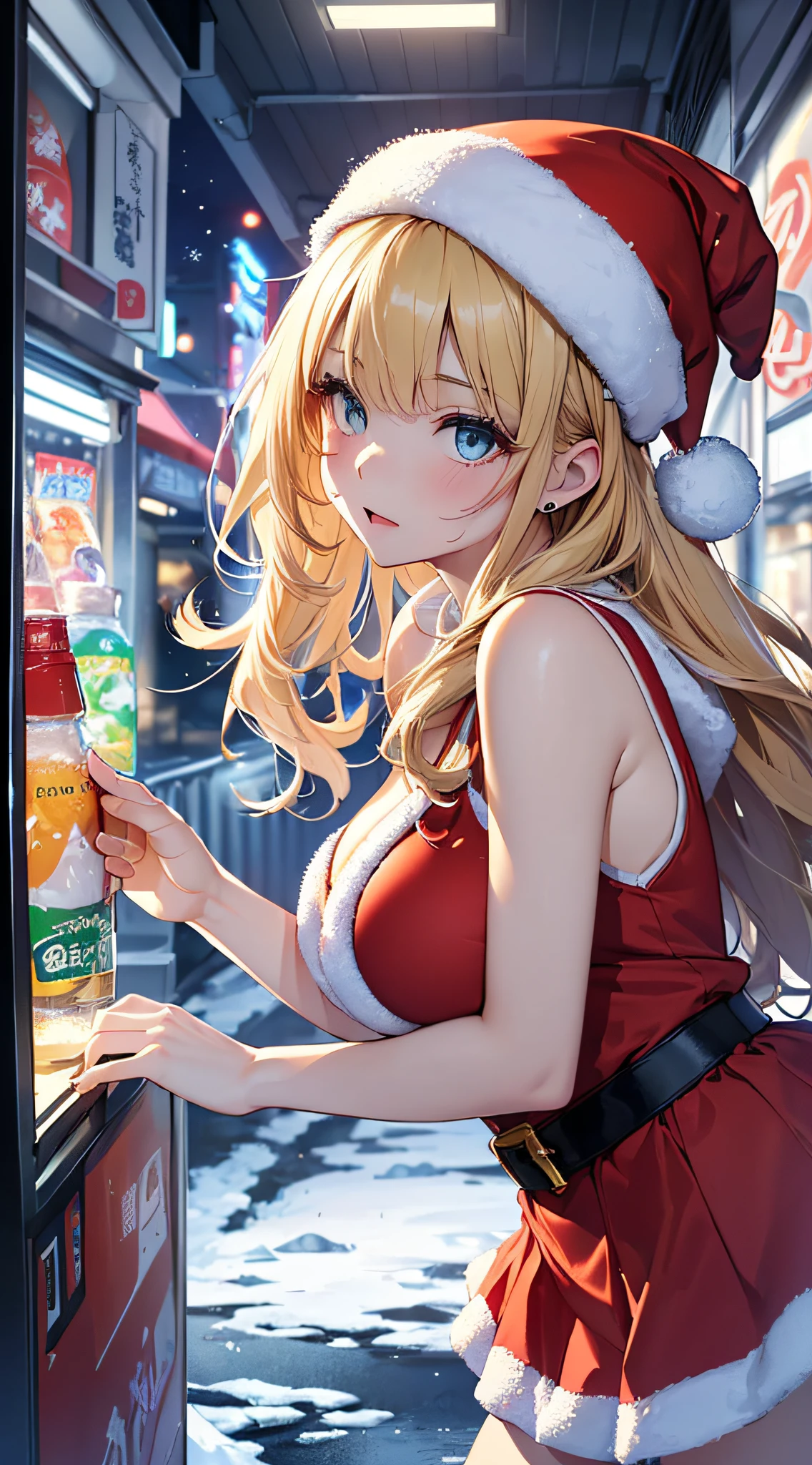 top-quality、Top image quality、masterpiece、s girl((Red Santa Costume、santa style short skirt、santa style tank top、sixteen years old、teenr、Best Bust、big bast,Beautiful light blue eyes、Breasts wide open, a blond、A slender,Large valleys、dye one's cheeks red、Leaning forward、White breath、Reflecting the whole body、Cold Pose、Face holding back)),hiquality、Beautiful Art、Background with((Tokyo at night、Ice Burn City at night、snowflakes falling、Heavy snow falls、snowman、ice tower、In front of a convenience store)))、masutepiece、depth of fields,