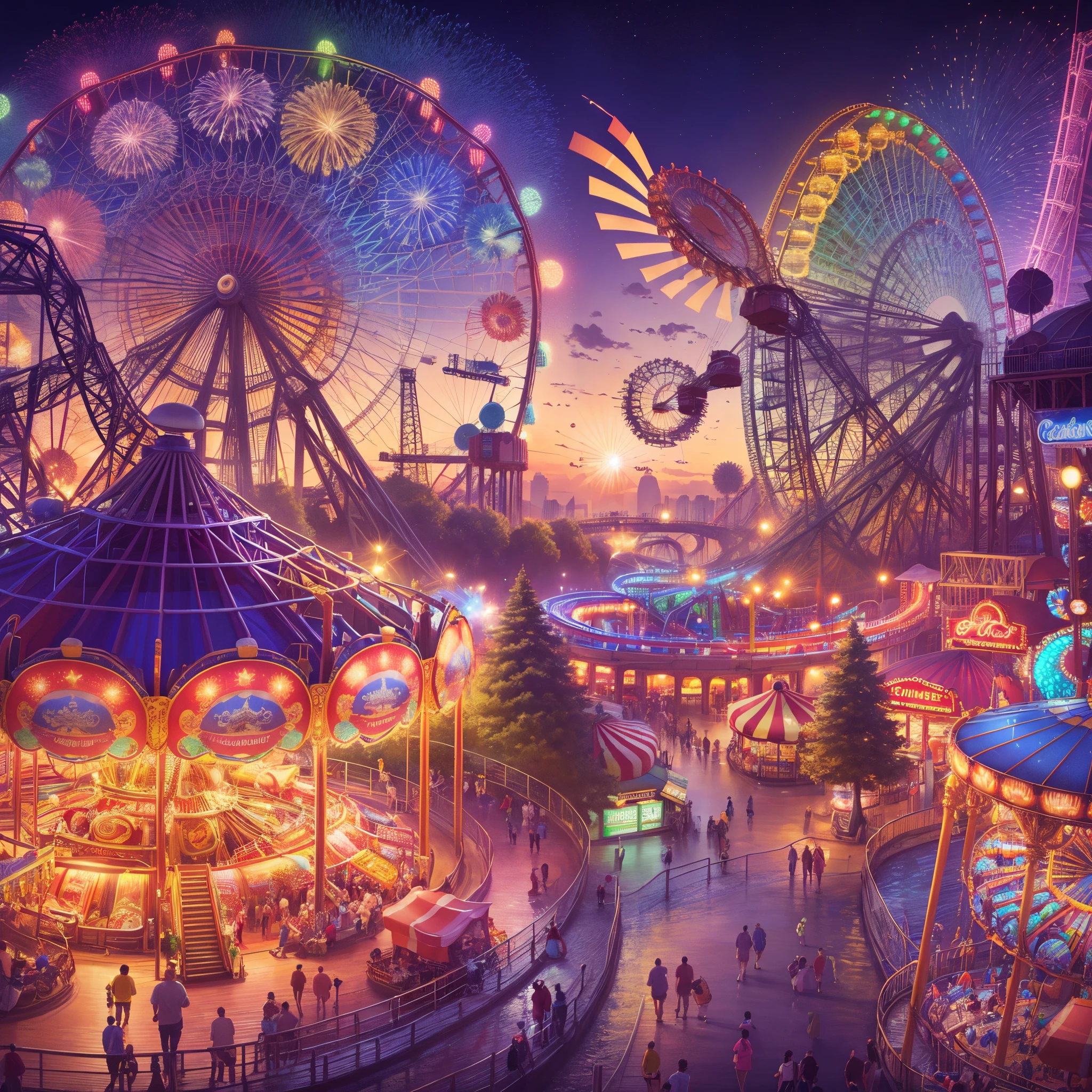 amusement parks, roller coasters, carousels, bumper cars, Ferris wheels, water parks, very detailed, ultra high resolution, 8K UHD