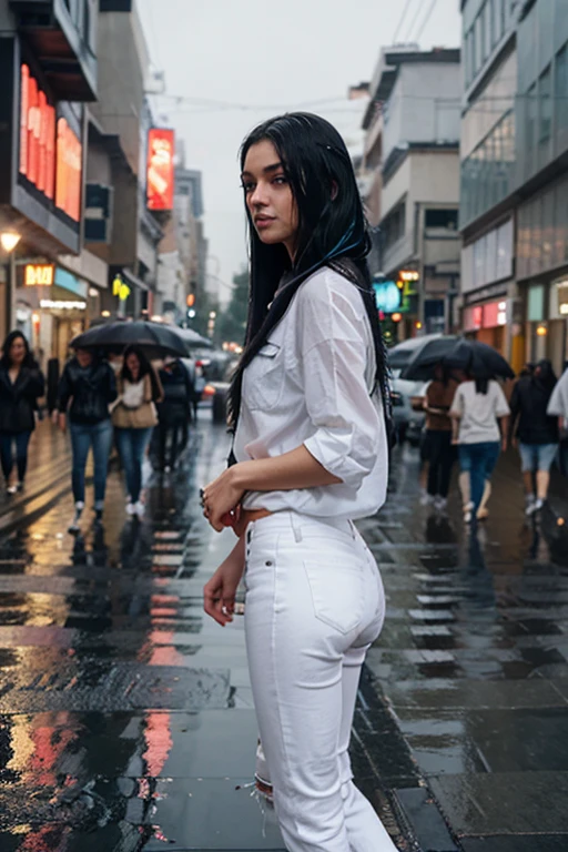 one girl, long black straight hairs, white shirt and blue jeans, walking under the rain, busy street with rim lights