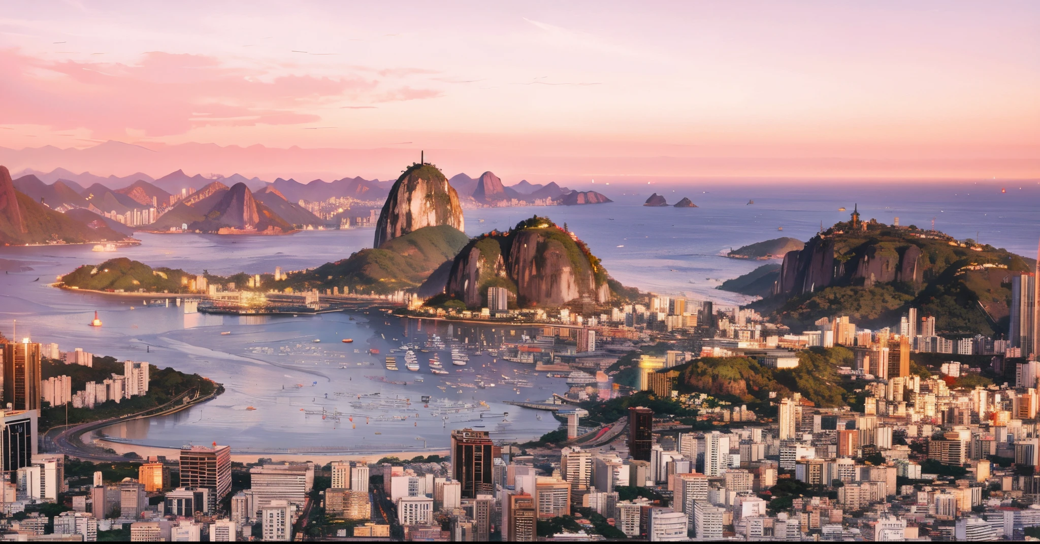 Arafed view of a city with a mountain in the background, rio de janeiro, Rio de Janeiro in an anime film, rio de janeiro