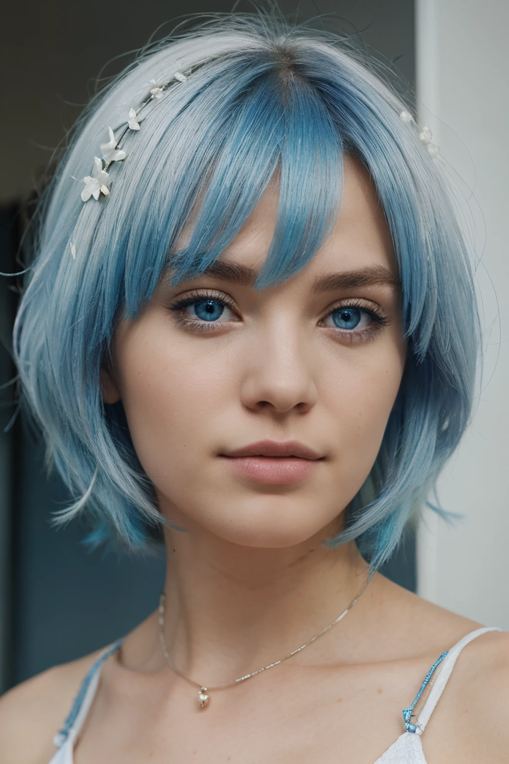 A beautiful white Caucasian with blue hair